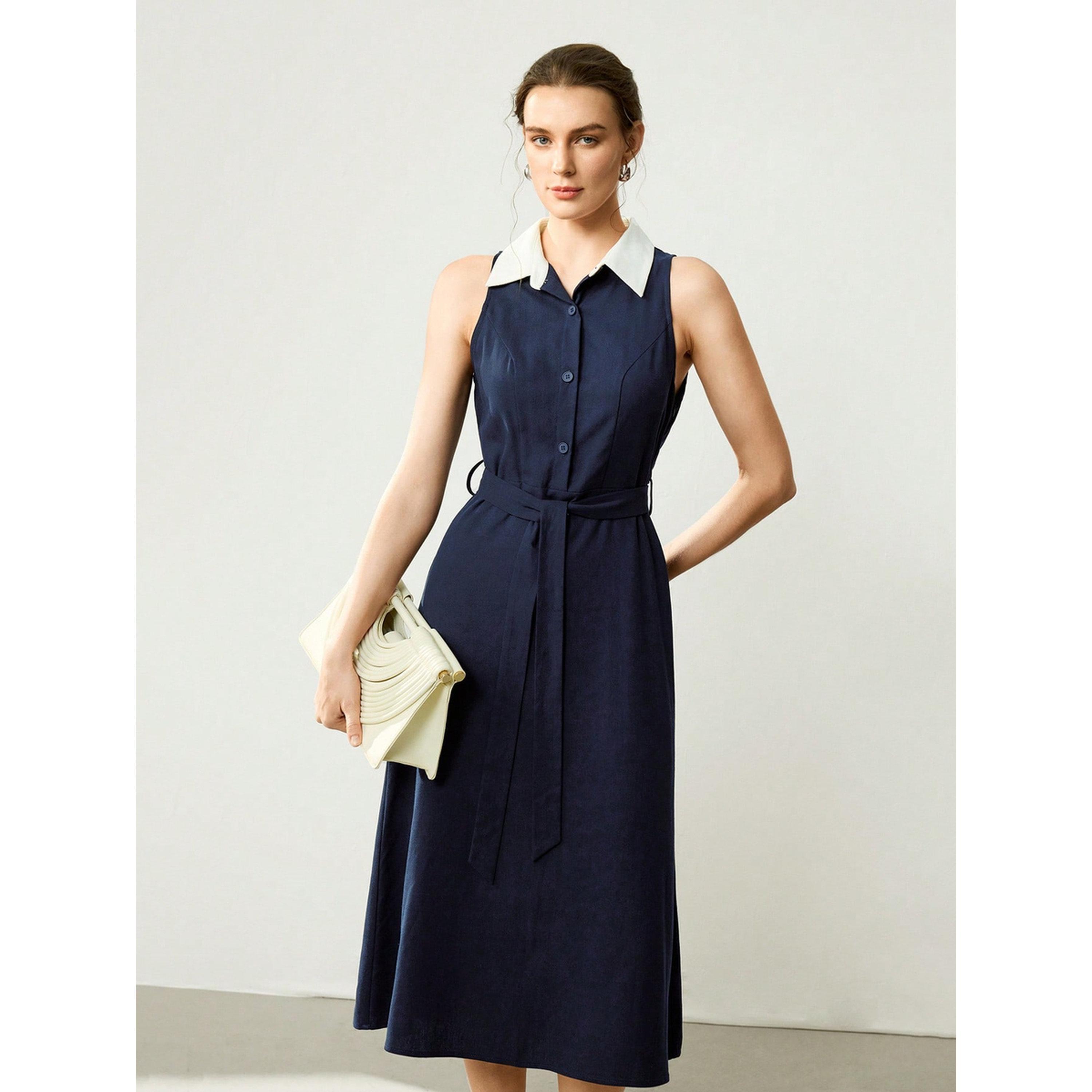 فستان ميدي كحلي بلا أكمام بحافة واسعة-women-clothing-dresses-image-1