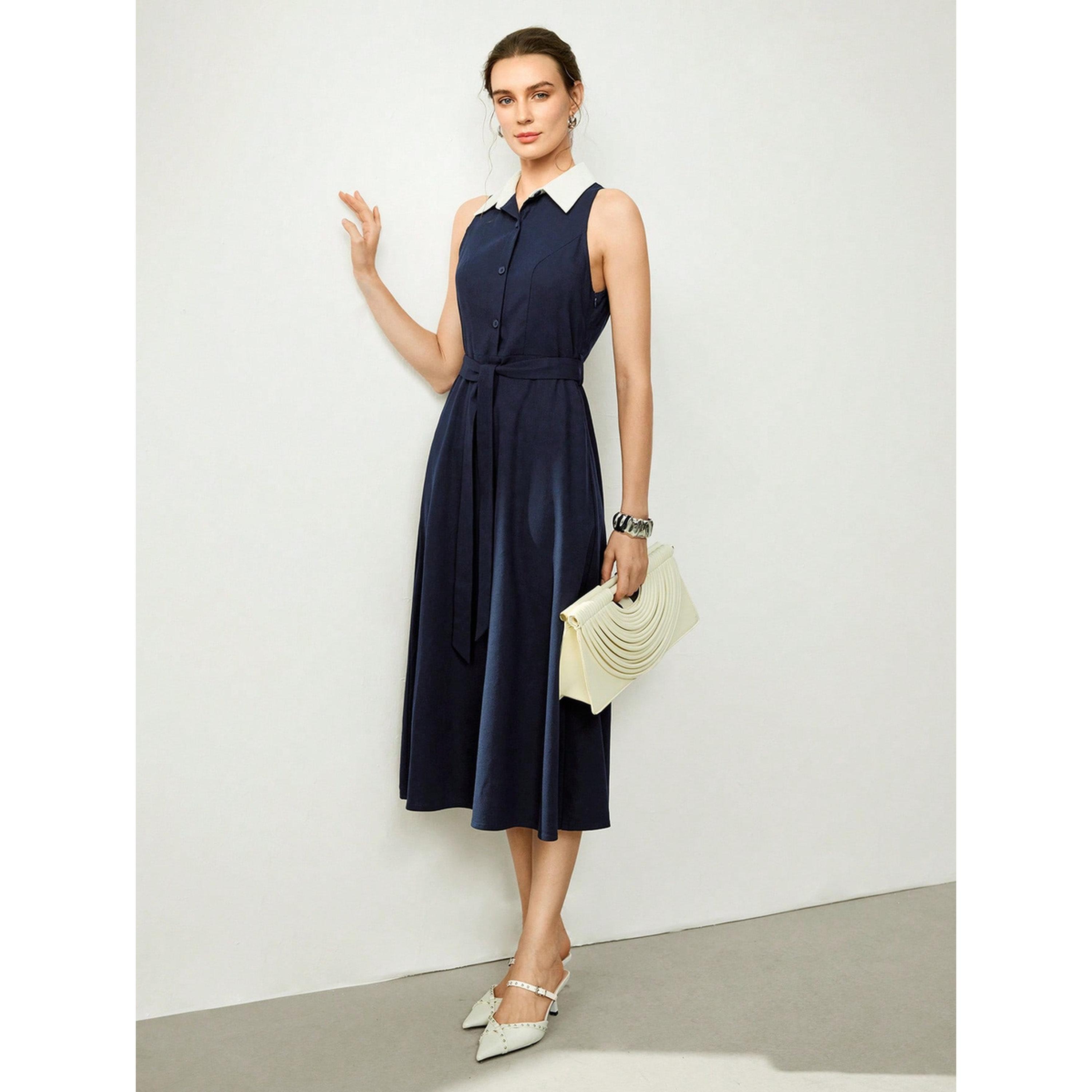 فستان ميدي كحلي بلا أكمام بحافة واسعة-women-clothing-dresses-image-2