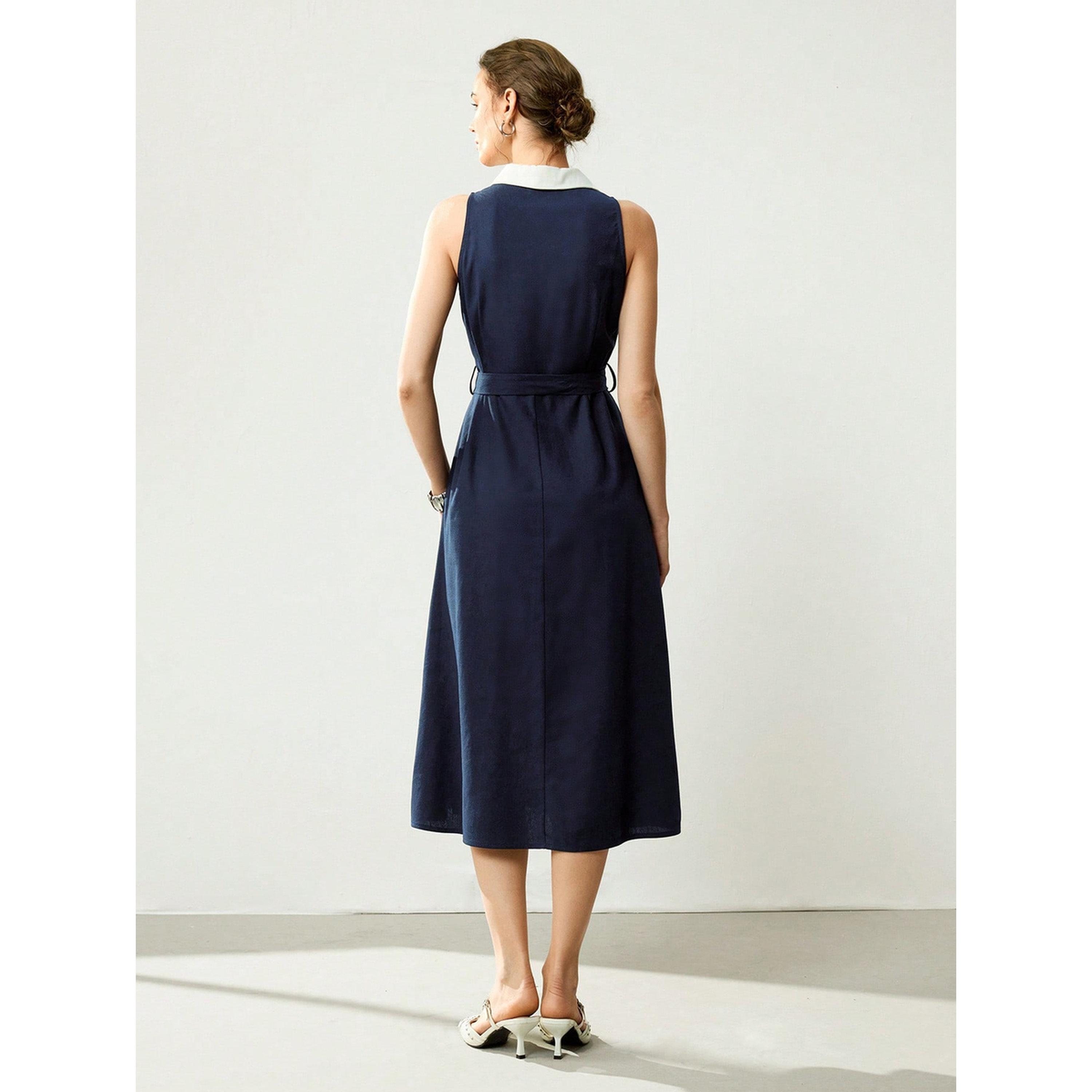 فستان ميدي كحلي بلا أكمام بحافة واسعة-women-clothing-dresses-image-3