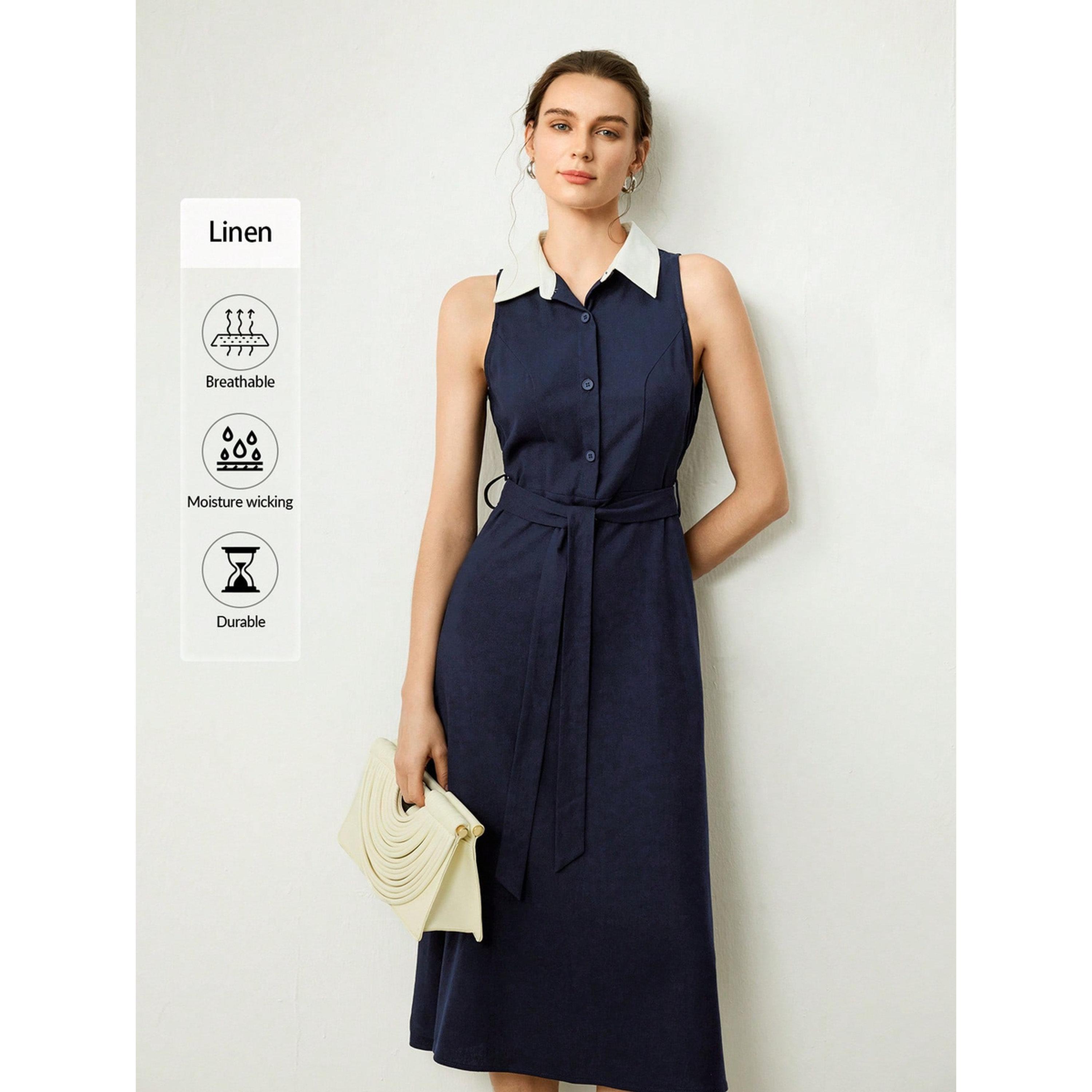 فستان ميدي كحلي بلا أكمام بحافة واسعة-women-clothing-dresses-image-4