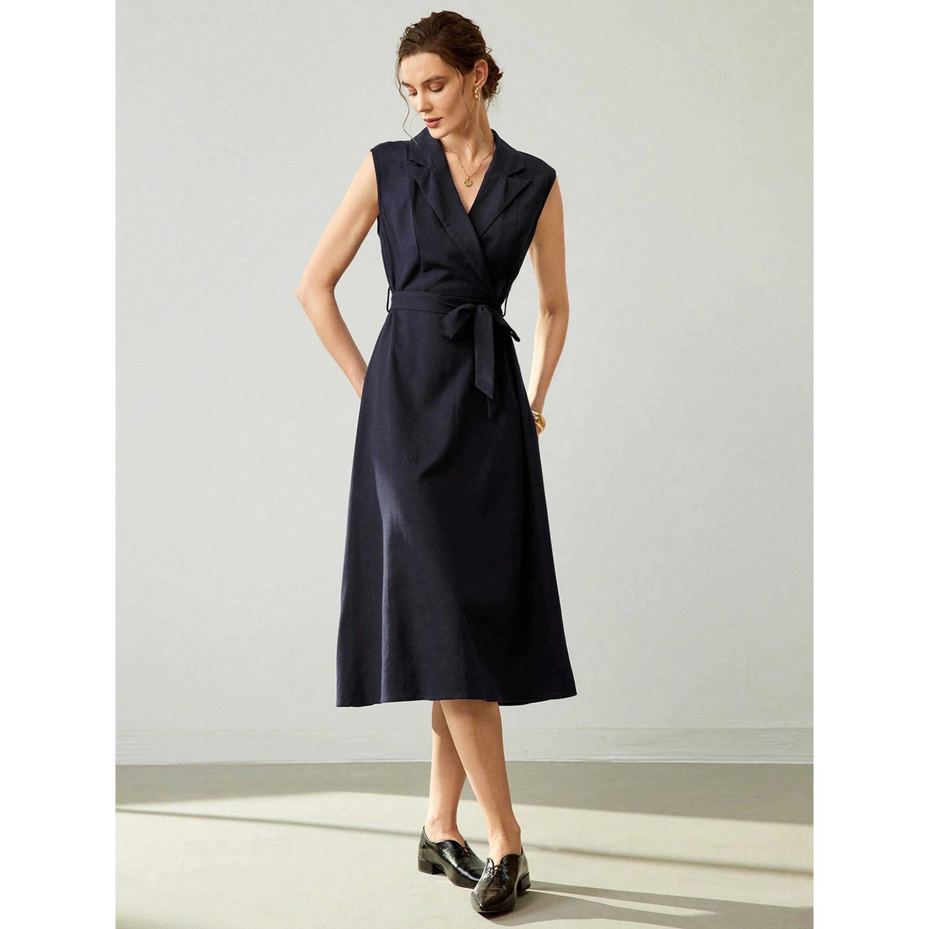 فستان ميدي كحلي سادة بلا أكمام برباط على الخصر وبحافة واسعة-women-clothing-dresses-image-1