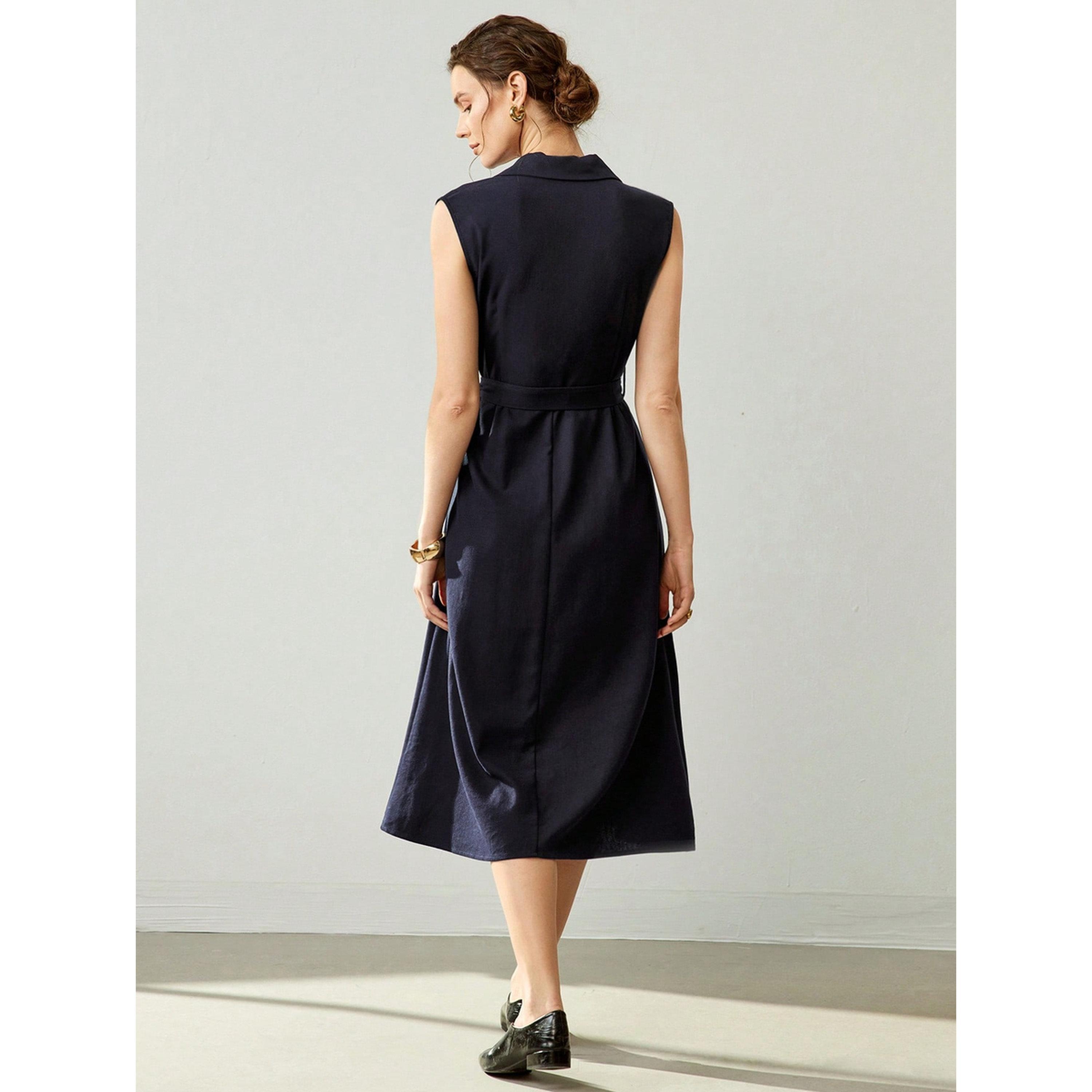 فستان ميدي كحلي سادة بلا أكمام برباط على الخصر وبحافة واسعة-women-clothing-dresses-image-2