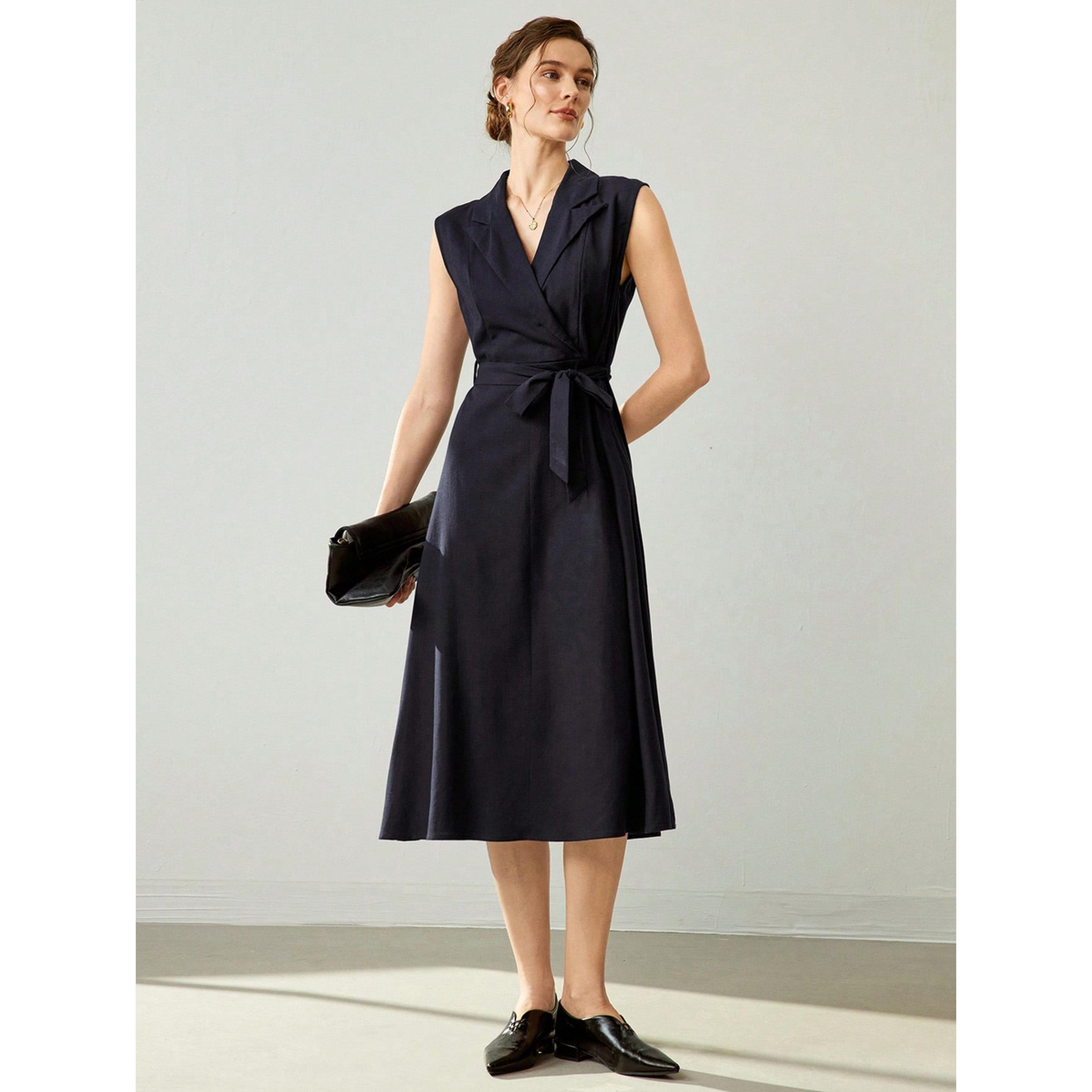 فستان ميدي كحلي سادة بلا أكمام برباط على الخصر وبحافة واسعة-women-clothing-dresses-image-3