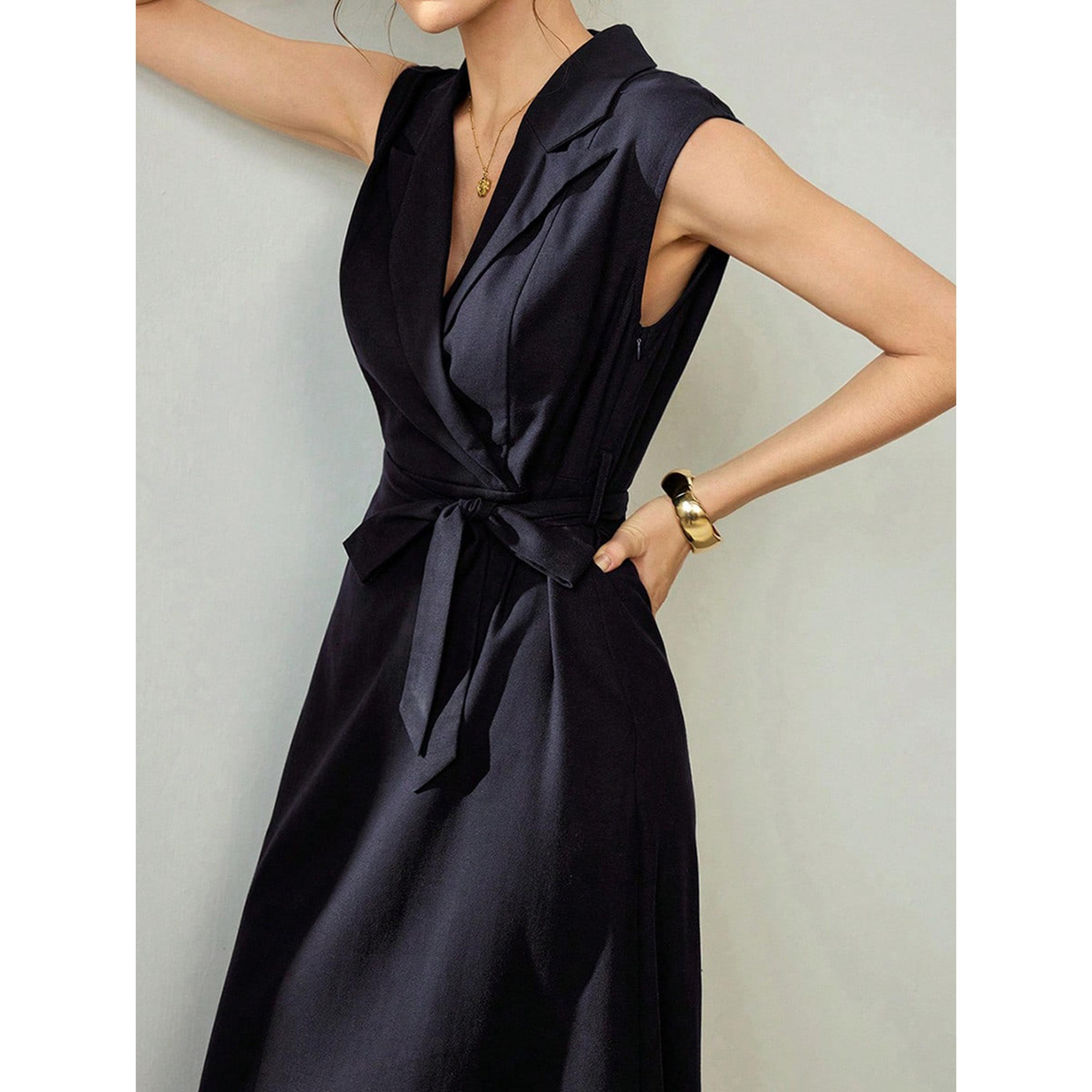 فستان ميدي كحلي سادة بلا أكمام برباط على الخصر وبحافة واسعة-women-clothing-dresses-image-4