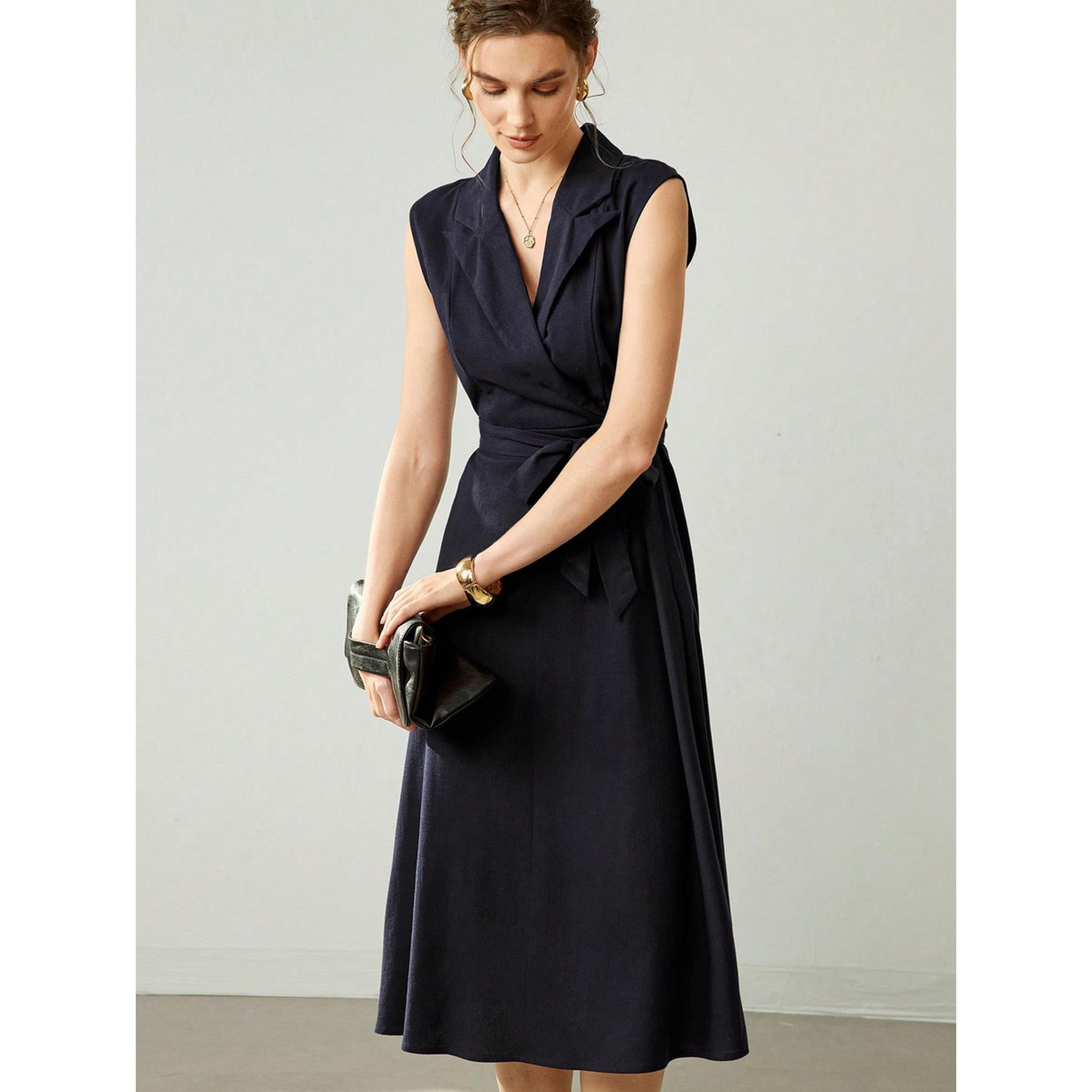 فستان ميدي كحلي سادة بلا أكمام برباط على الخصر وبحافة واسعة-women-clothing-dresses-image-5