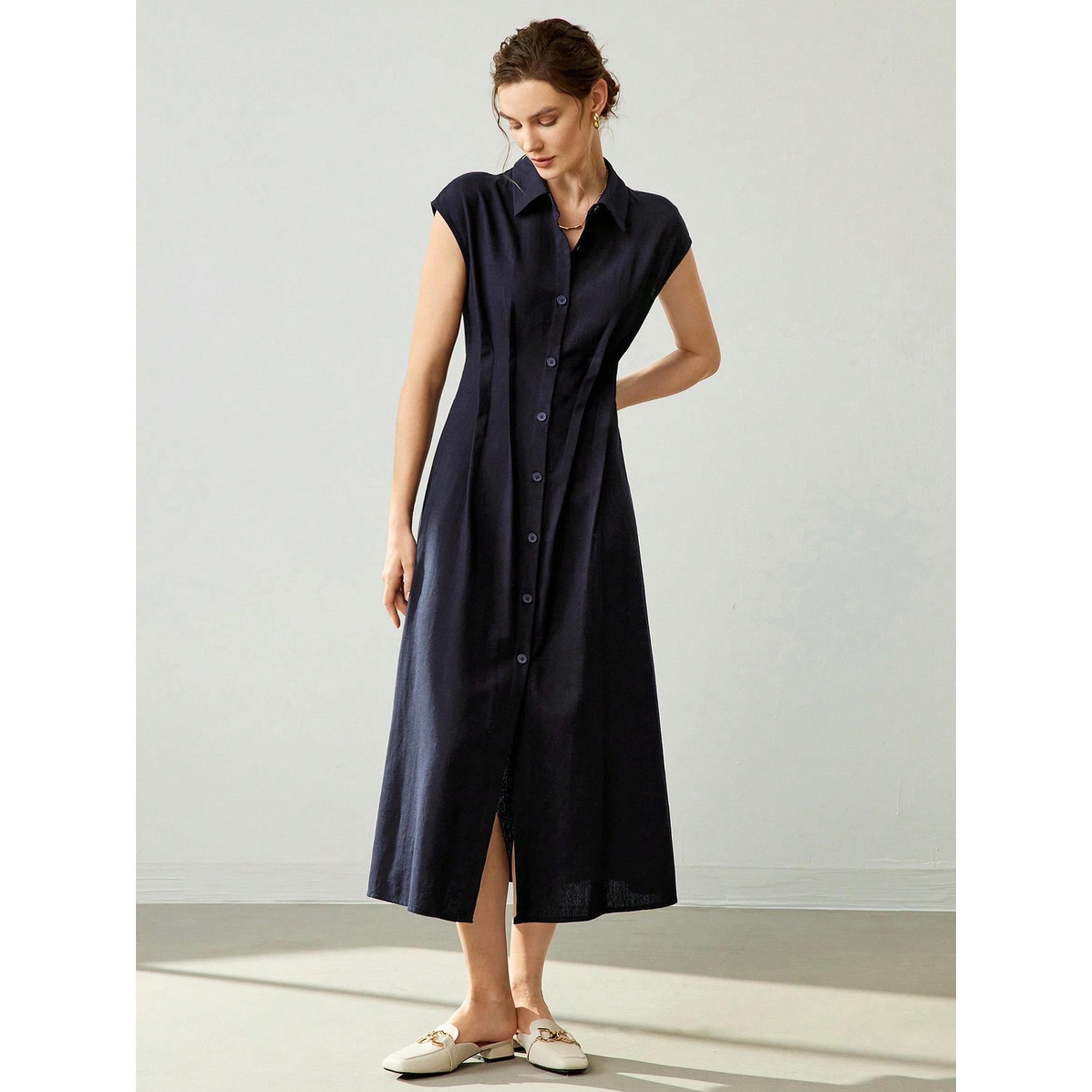 Take Two Dark Blue Sleeveless A-Line Linen Midi Dress-women-clothing-dresses-image-1