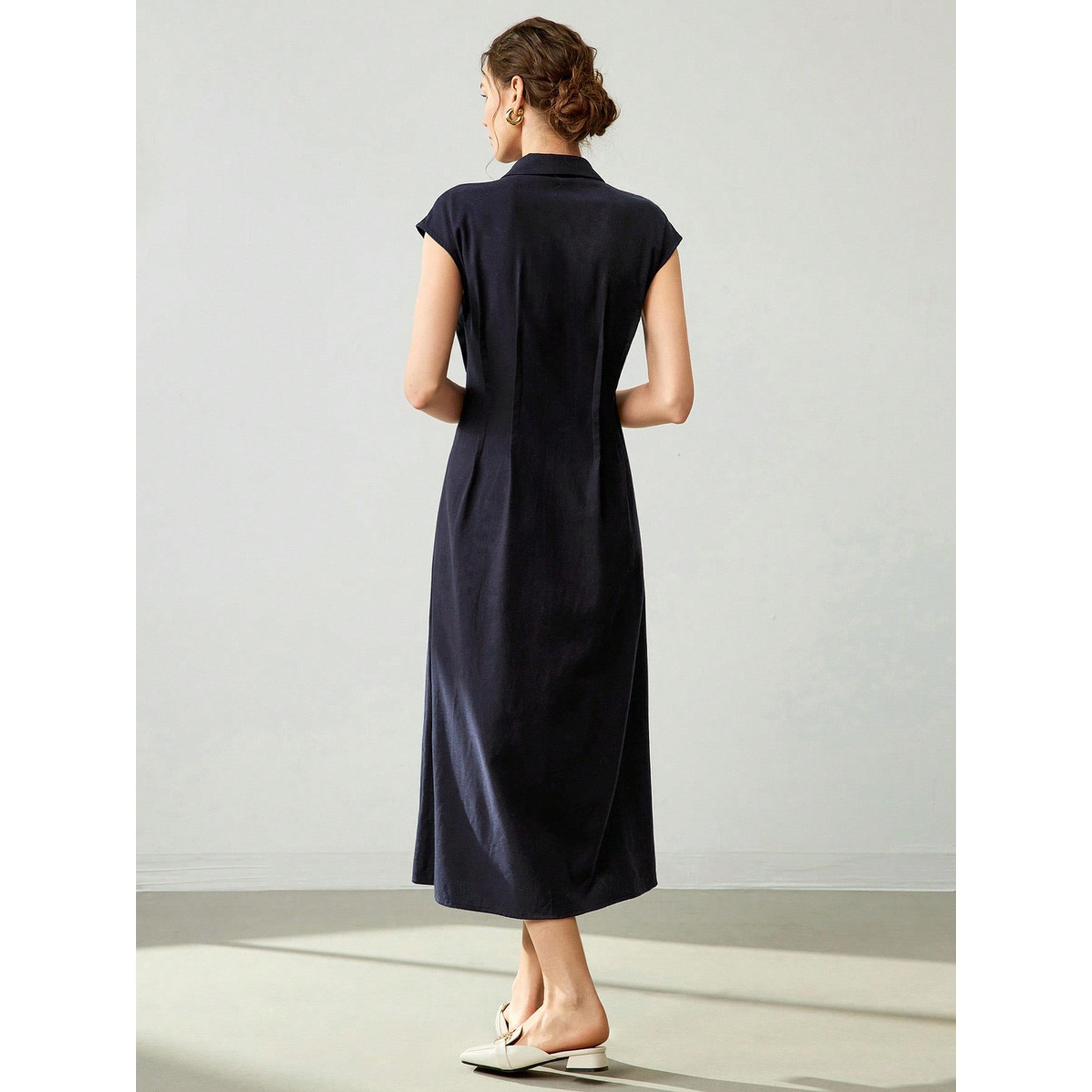 Take Two Dark Blue Sleeveless A-Line Linen Midi Dress-women-clothing-dresses-image-2