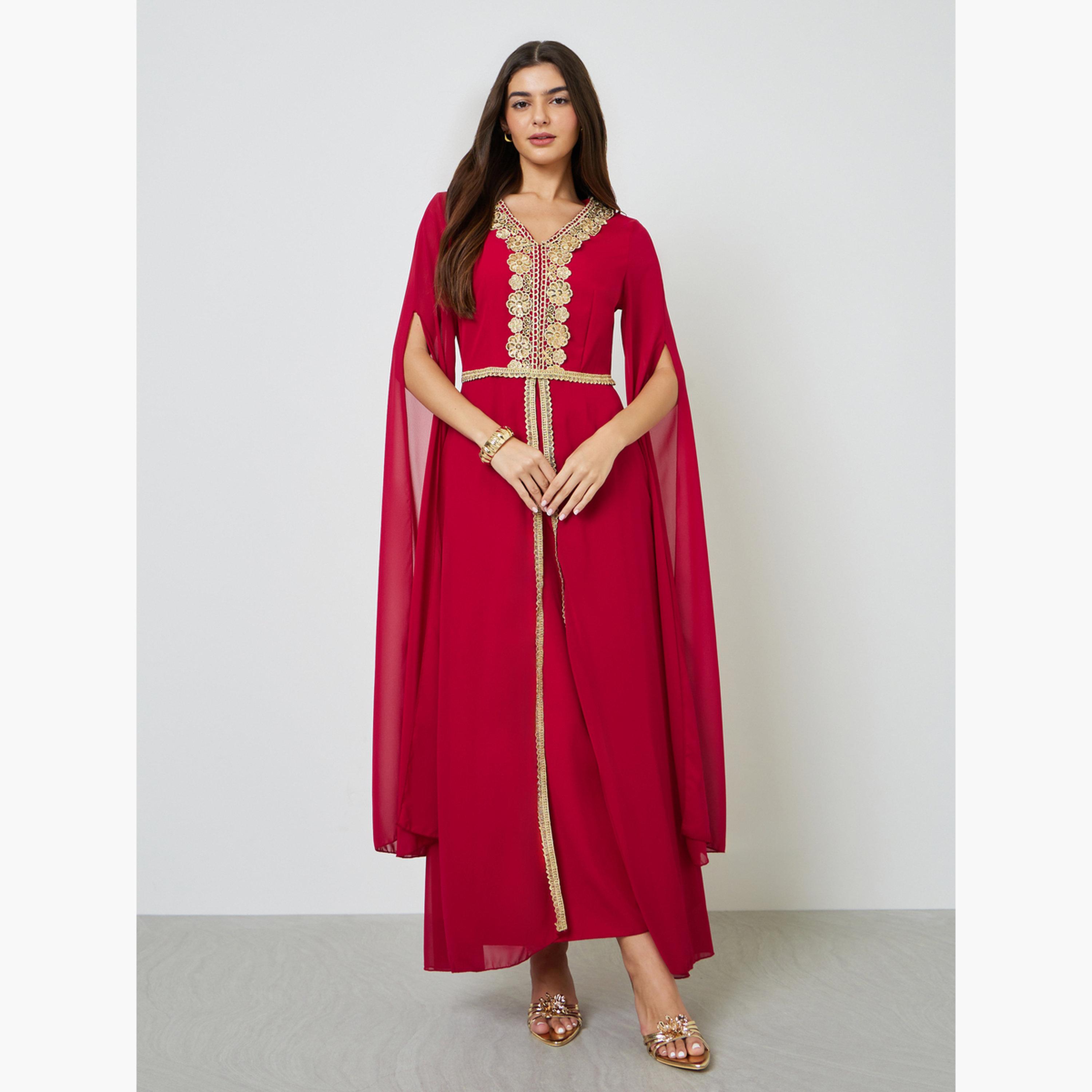 Take Two Red Lace Patch Detail Maxi Kaftan-women-arabicclothing-kaftan-image-1