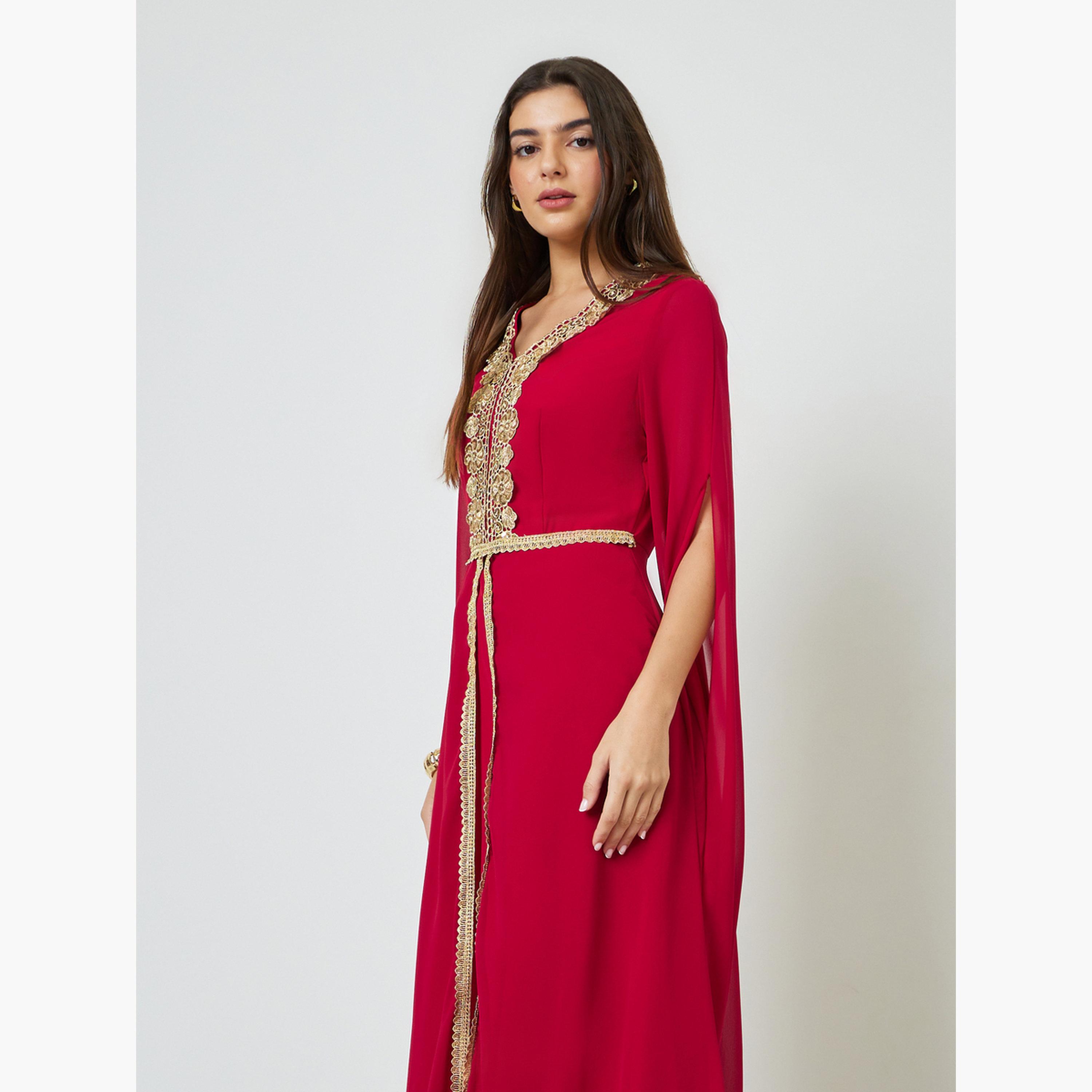 Take Two Red Lace Patch Detail Maxi Kaftan-women-arabicclothing-kaftan-image-2