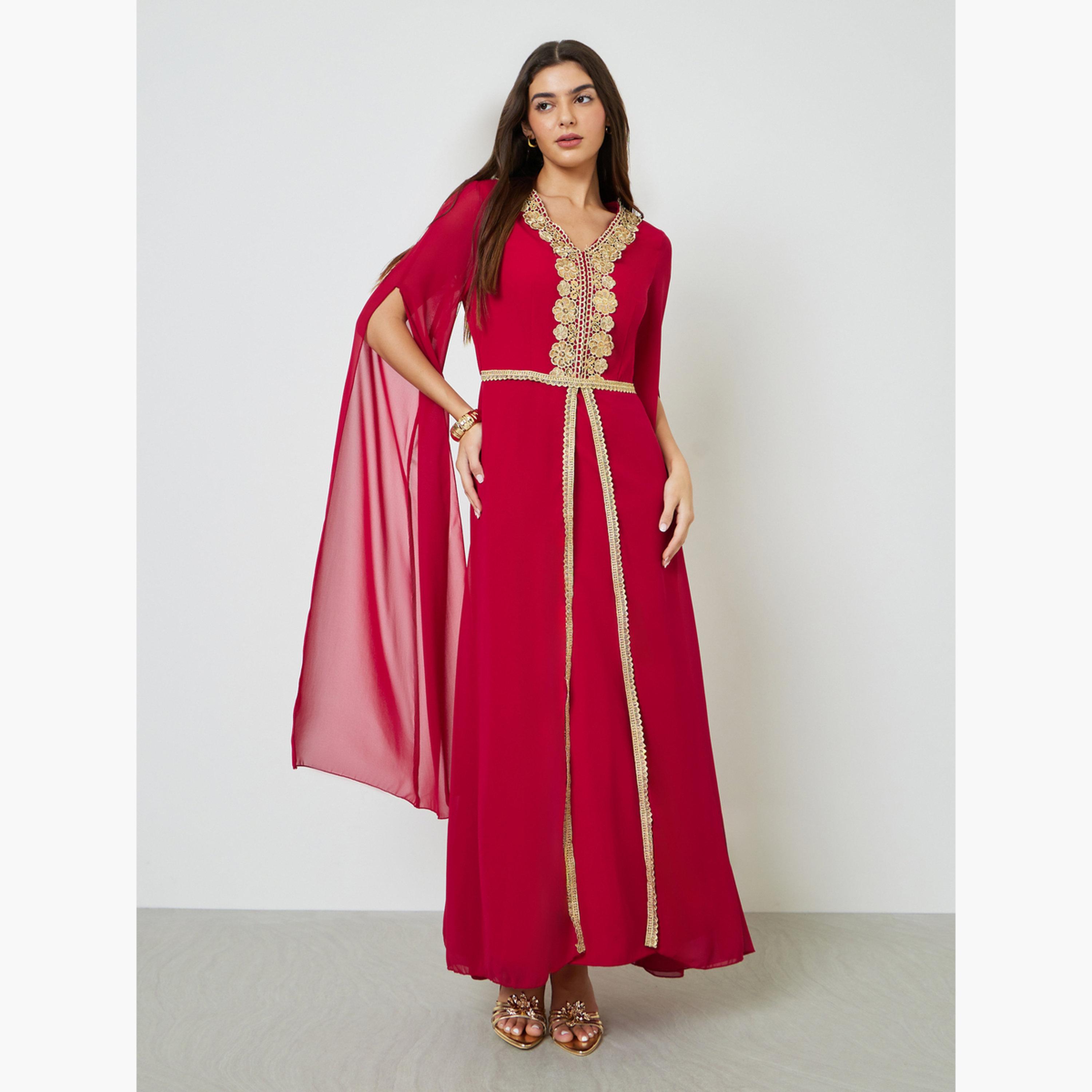 قفطان طويل بتفاصيل رقعة دانتيل-women-arabicclothing-kaftan-image-3