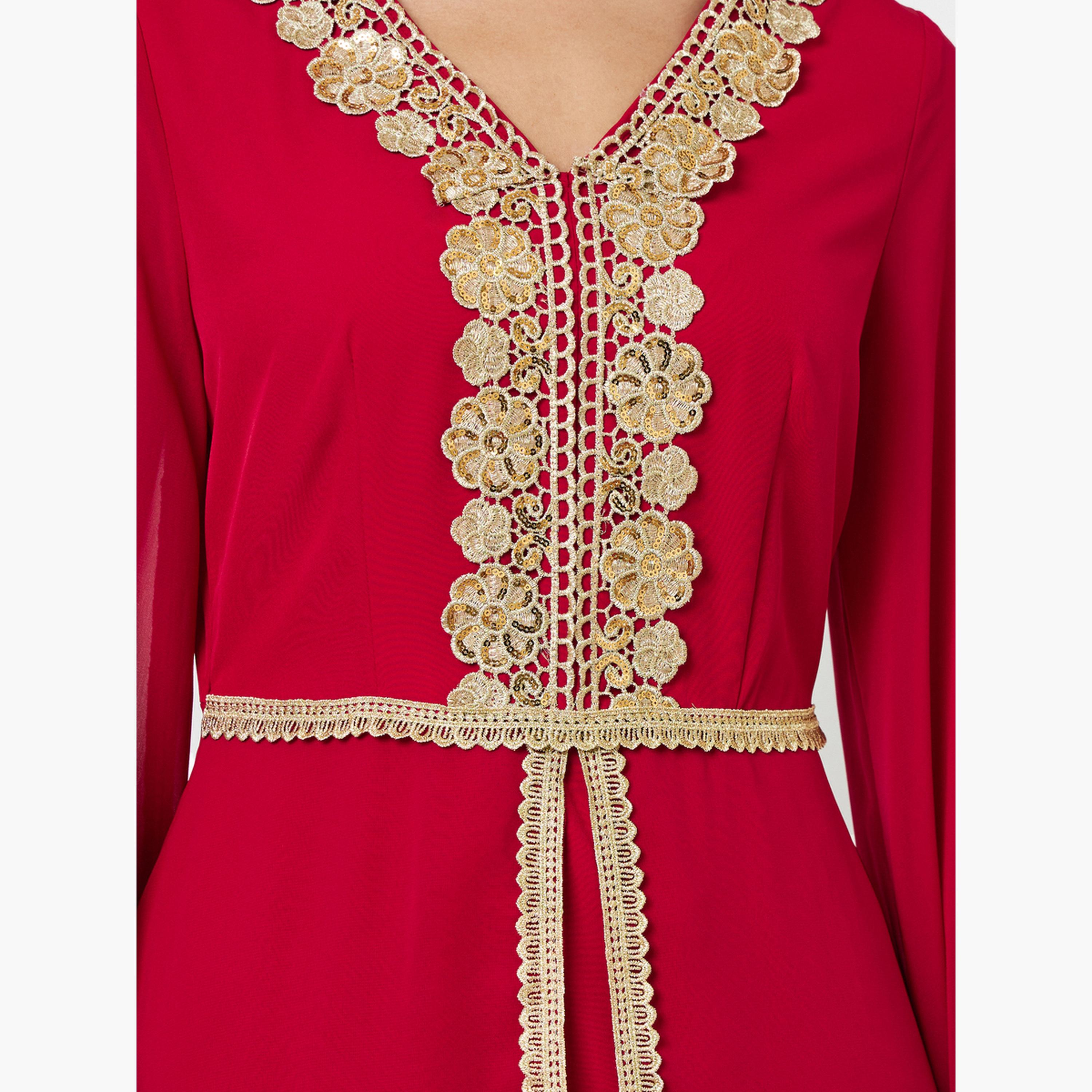 Take Two Red Lace Patch Detail Maxi Kaftan-women-arabicclothing-kaftan-image-5