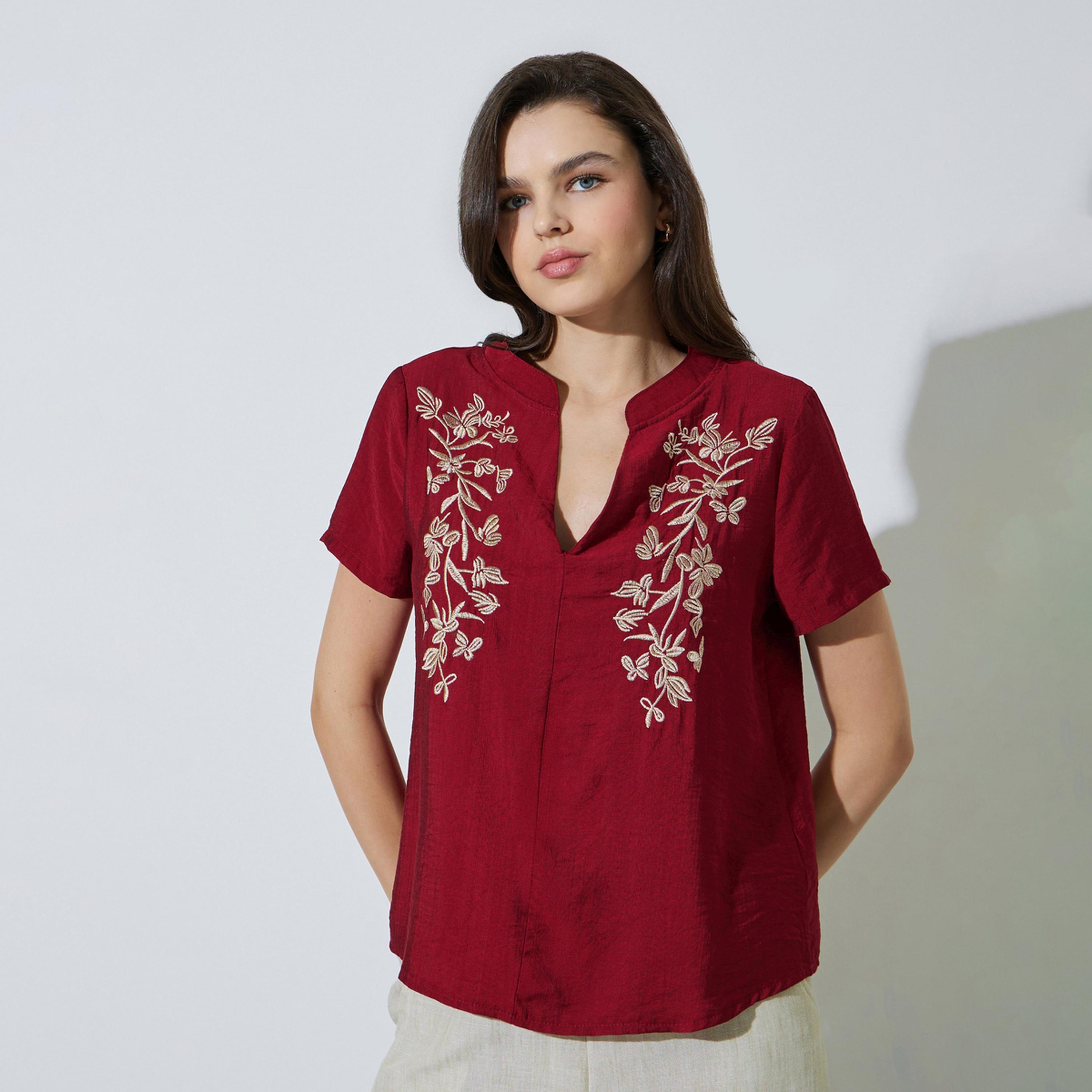بلوزة مطرزة بأكمام قصيرة للنساء-women-clothing-shirtsandblouses-blouses-image-1