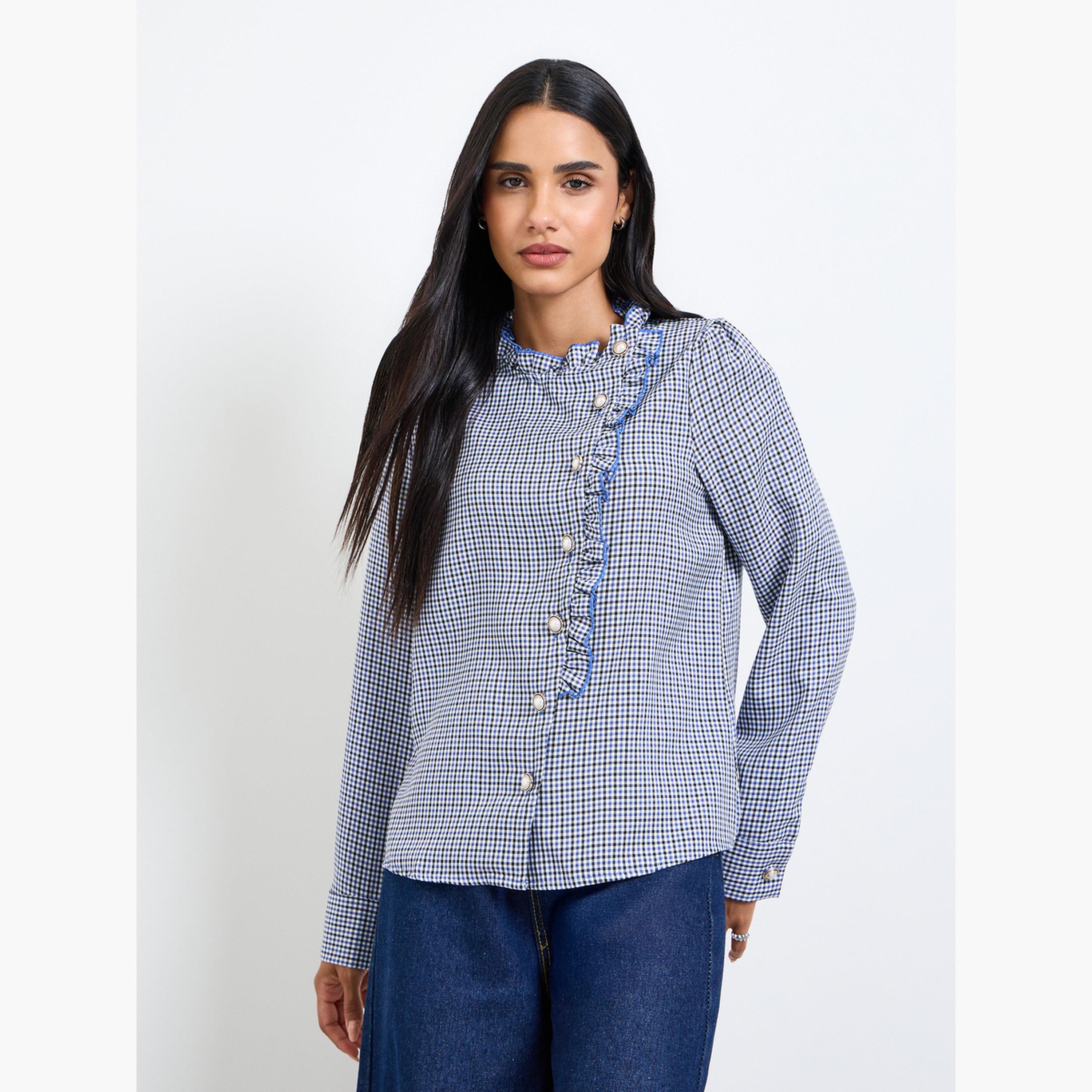 تيك تو - بلوزة زرقاء منقوشة بأكمام طويلة مكشكشة-women-clothing-shirtsandblouses-blouses-image-1