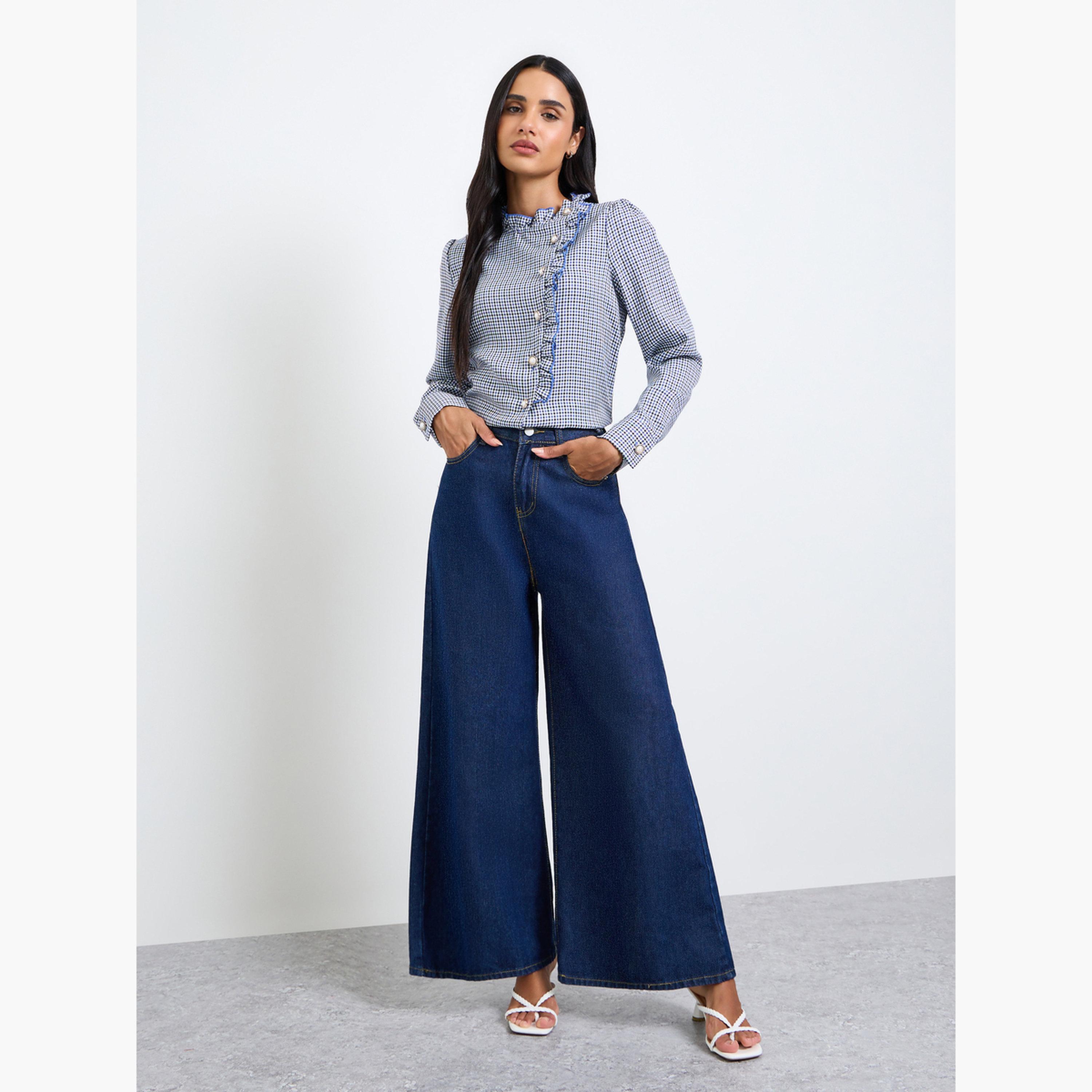 تيك تو - بلوزة زرقاء منقوشة بأكمام طويلة مكشكشة-women-clothing-shirtsandblouses-blouses-image-2