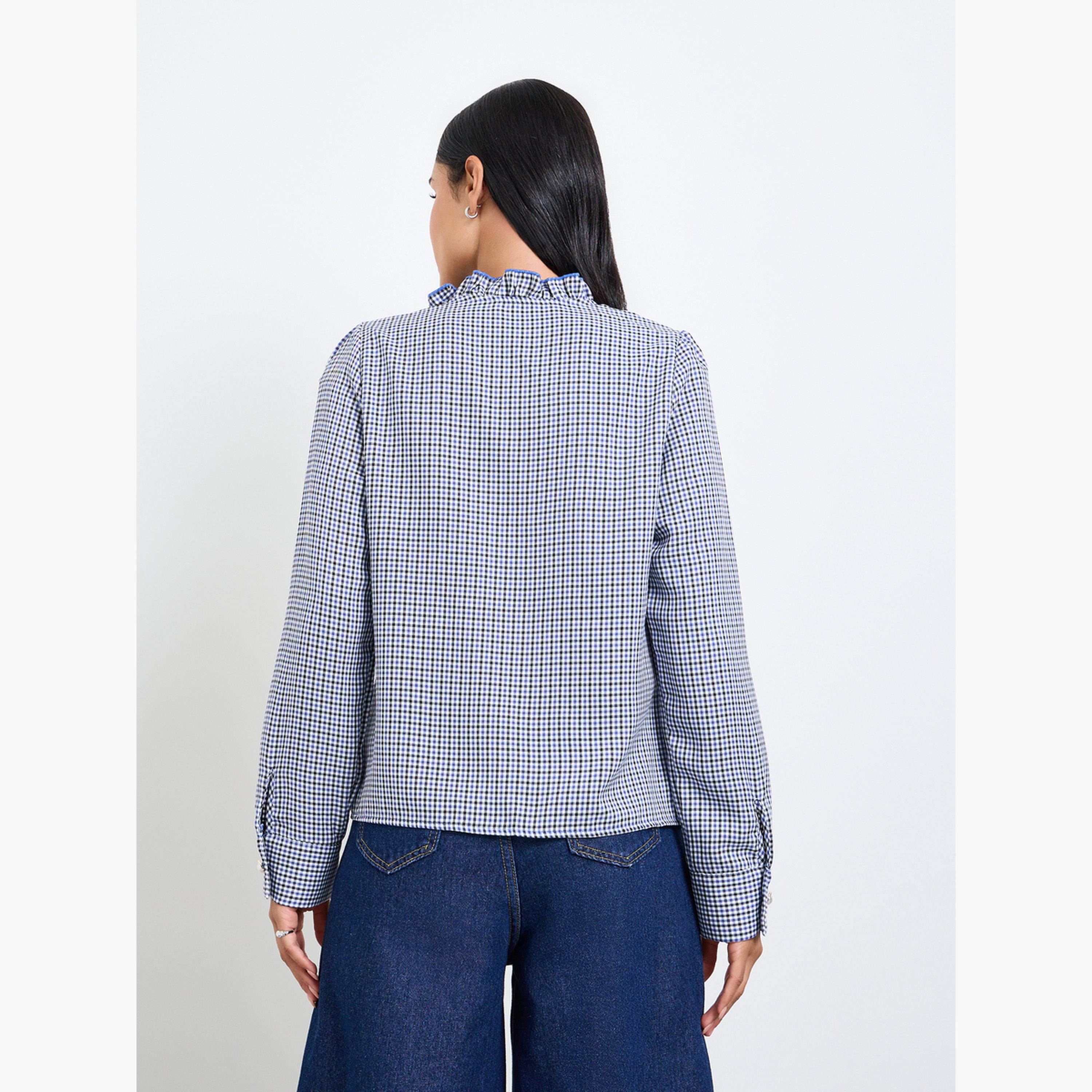 تيك تو - بلوزة زرقاء منقوشة بأكمام طويلة مكشكشة-women-clothing-shirtsandblouses-blouses-image-3