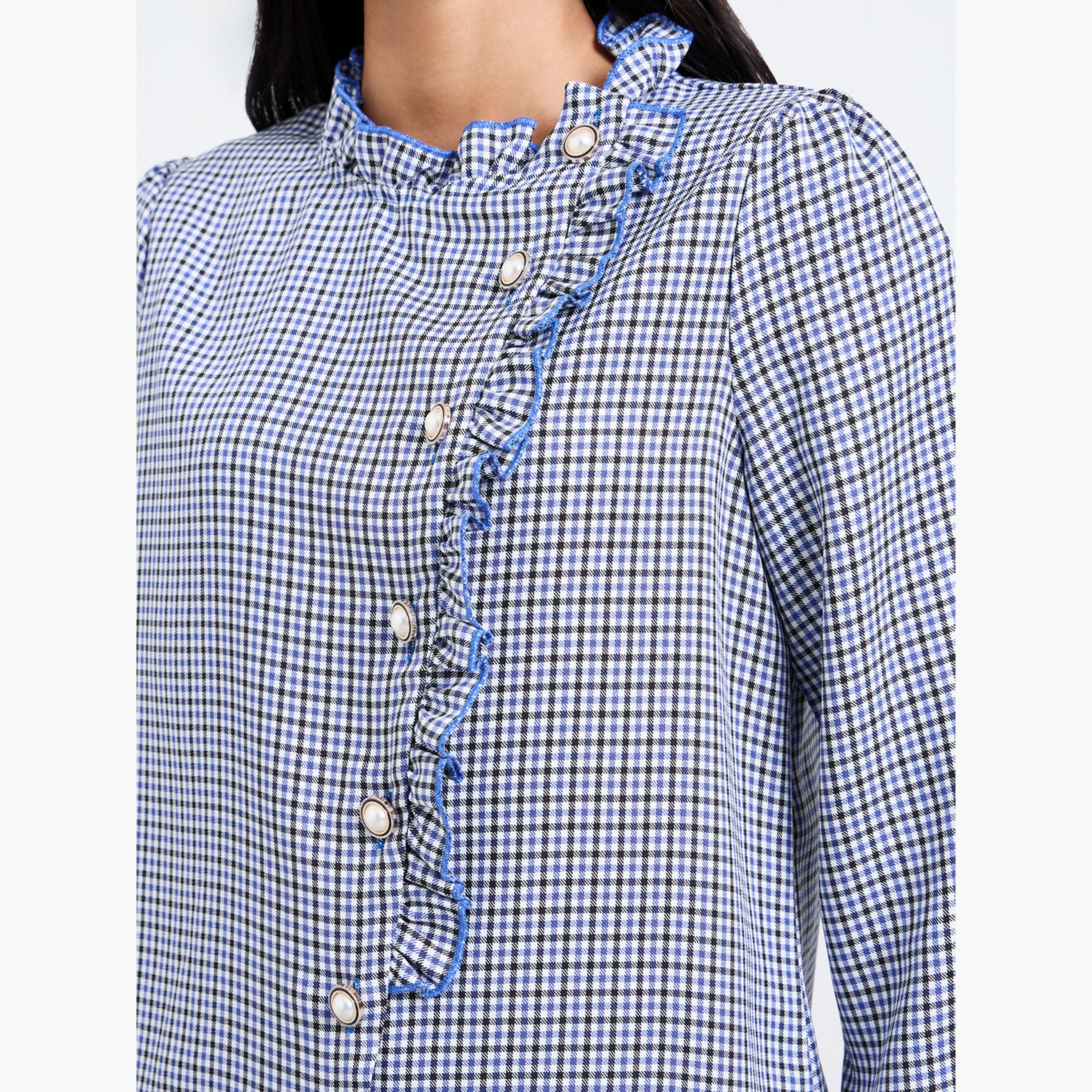 تيك تو - بلوزة زرقاء منقوشة بأكمام طويلة مكشكشة-women-clothing-shirtsandblouses-blouses-image-4