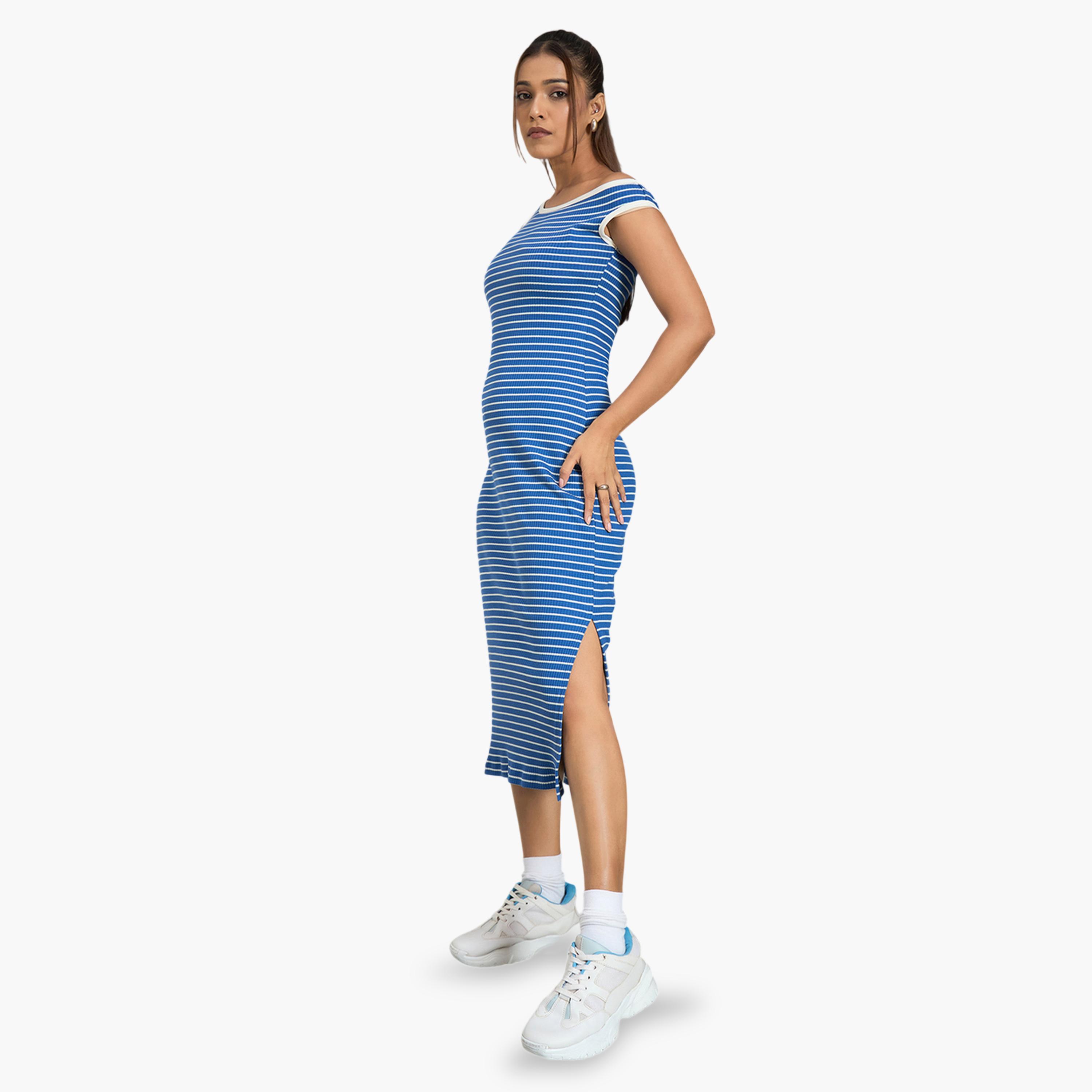 WineRed X Styli Blue Striped Off-Shoulder Ribbed Midi Dress-women-clothing-dresses-image-2