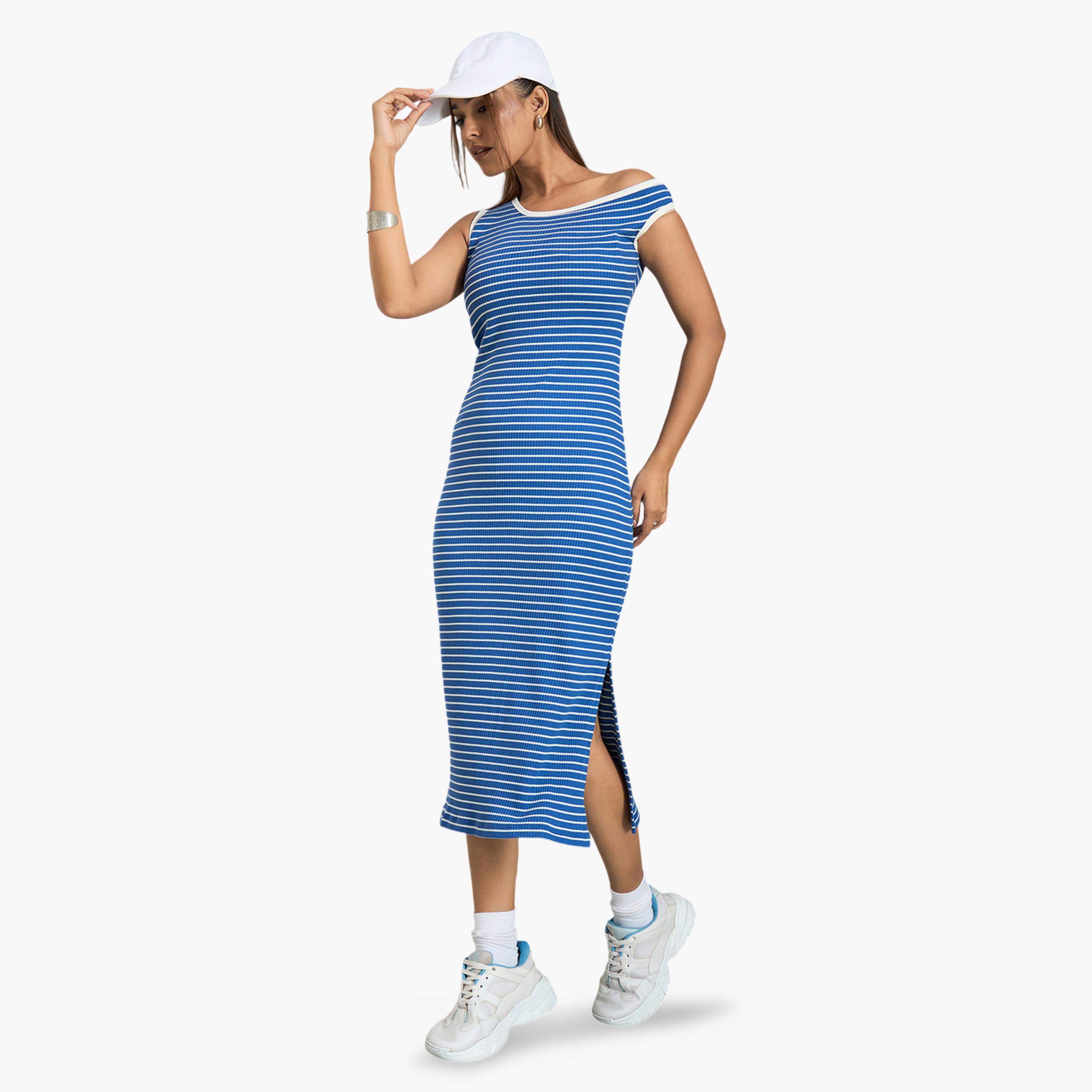 WineRed X Styli Blue Striped Off-Shoulder Ribbed Midi Dress-women-clothing-dresses-image-4