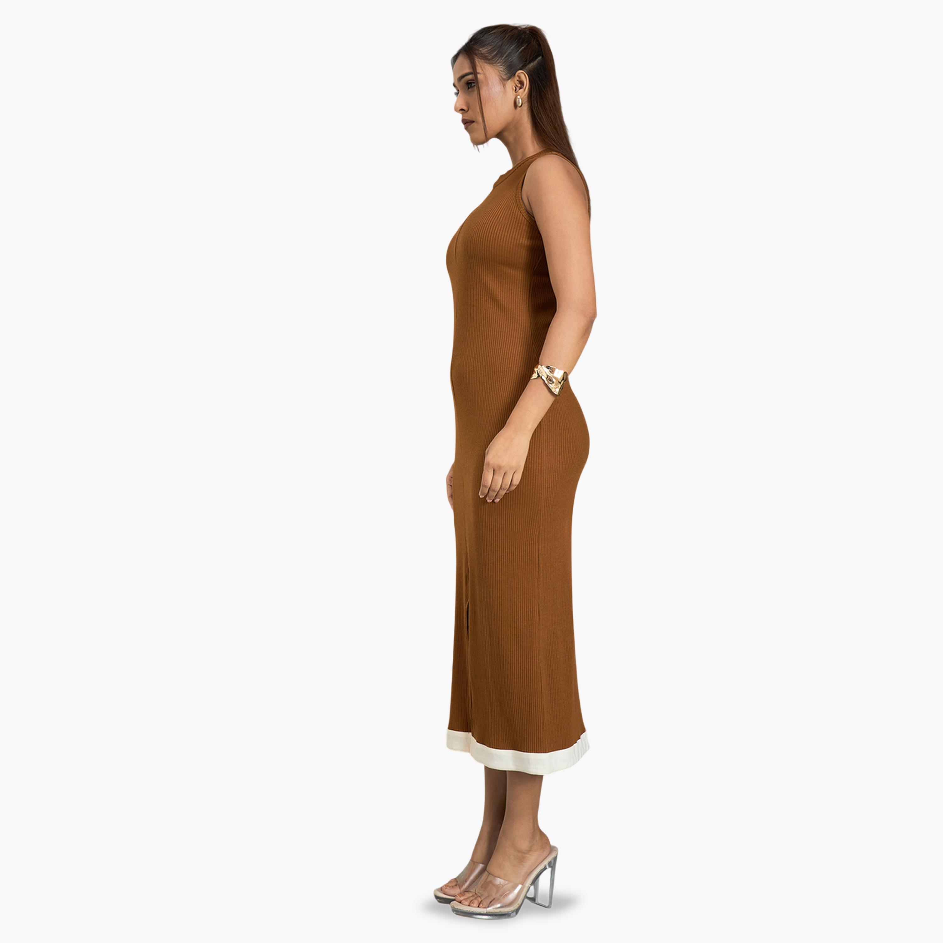 WineRed X Styli Brown Ribbed Midi Dress with Slit-women-clothing-dresses-image-2