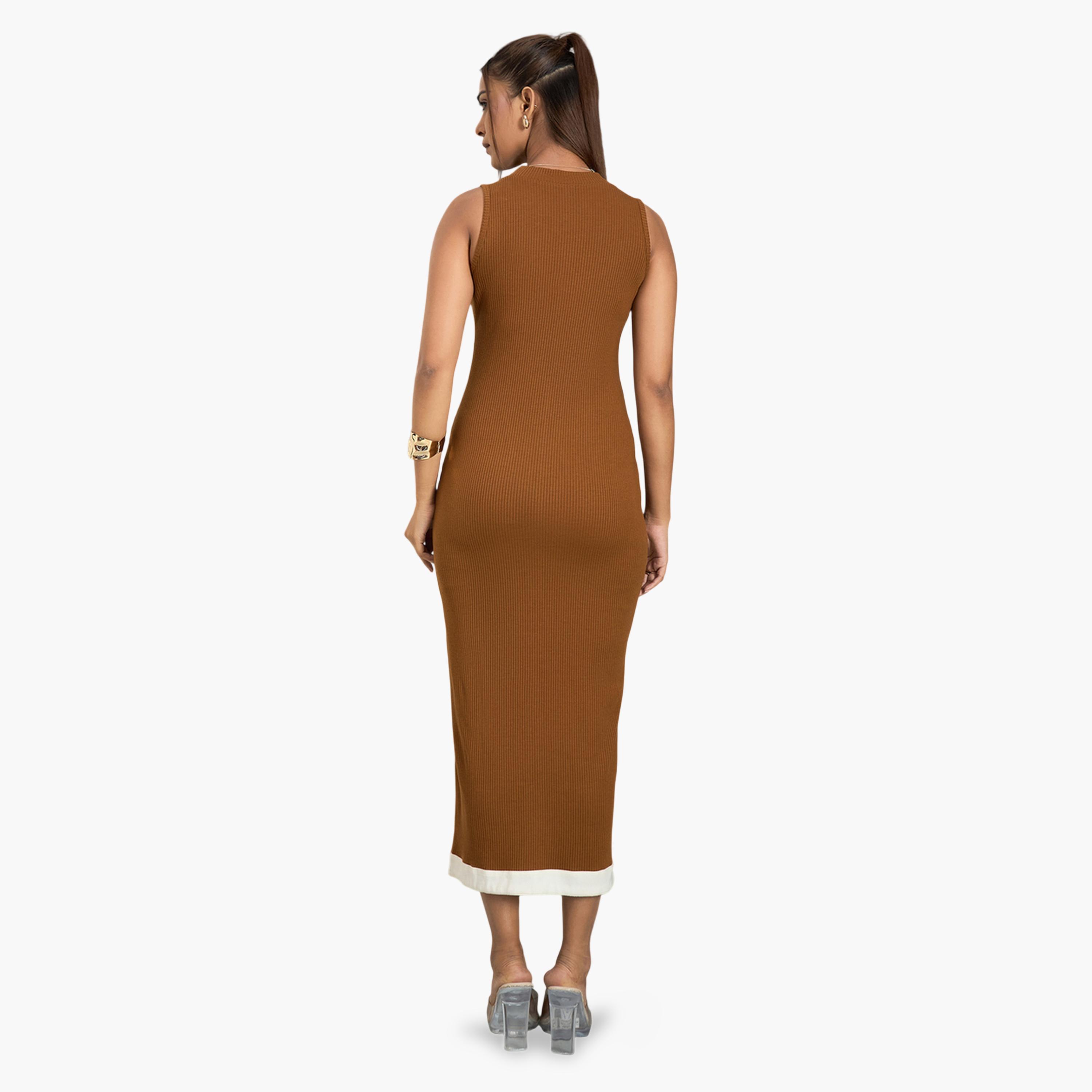 WineRed X Styli Brown Ribbed Midi Dress with Slit-women-clothing-dresses-image-5