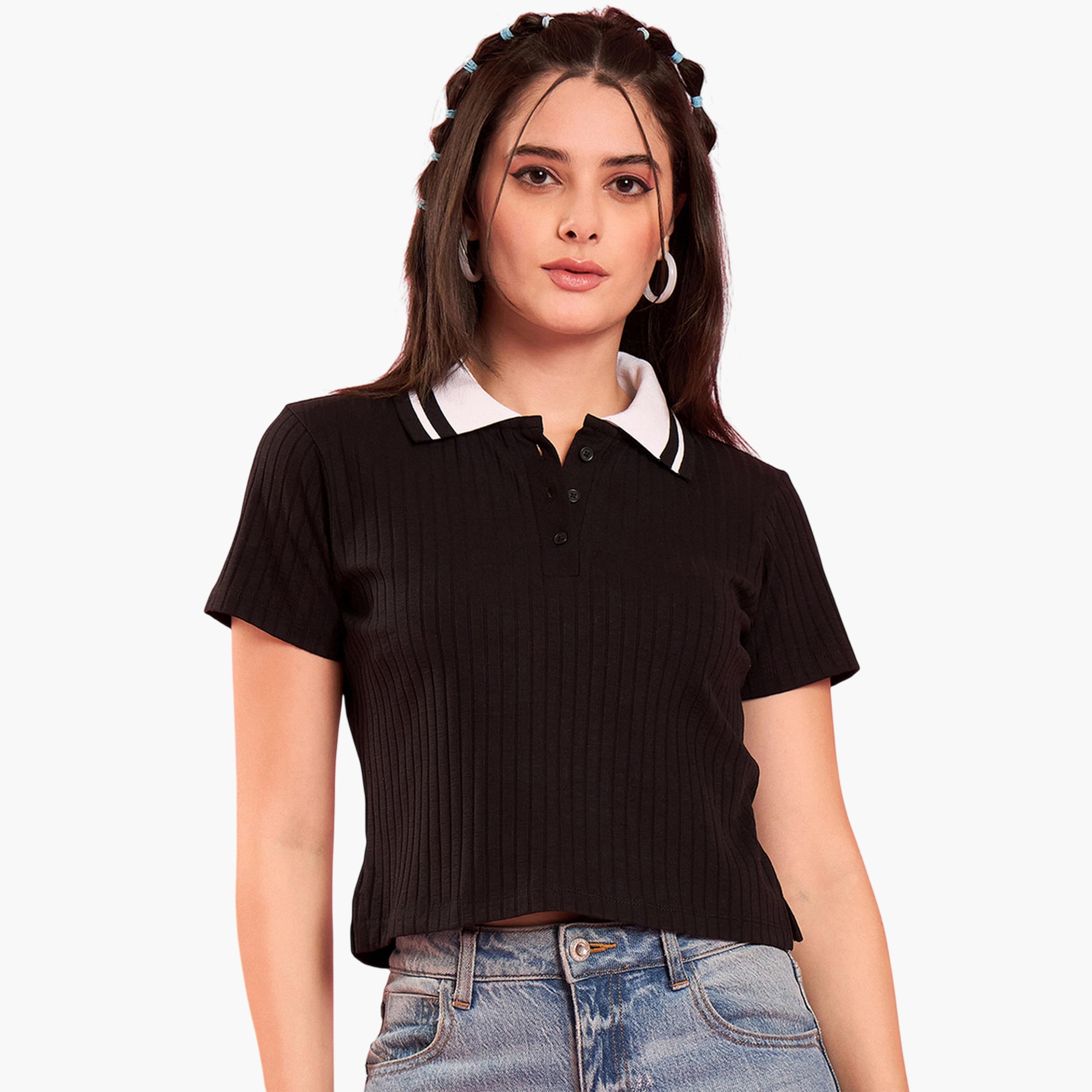 WineRed X Styli Black Ribbed Short Sleeve Polo T-Shirt-women-clothing-tshirts-image-1