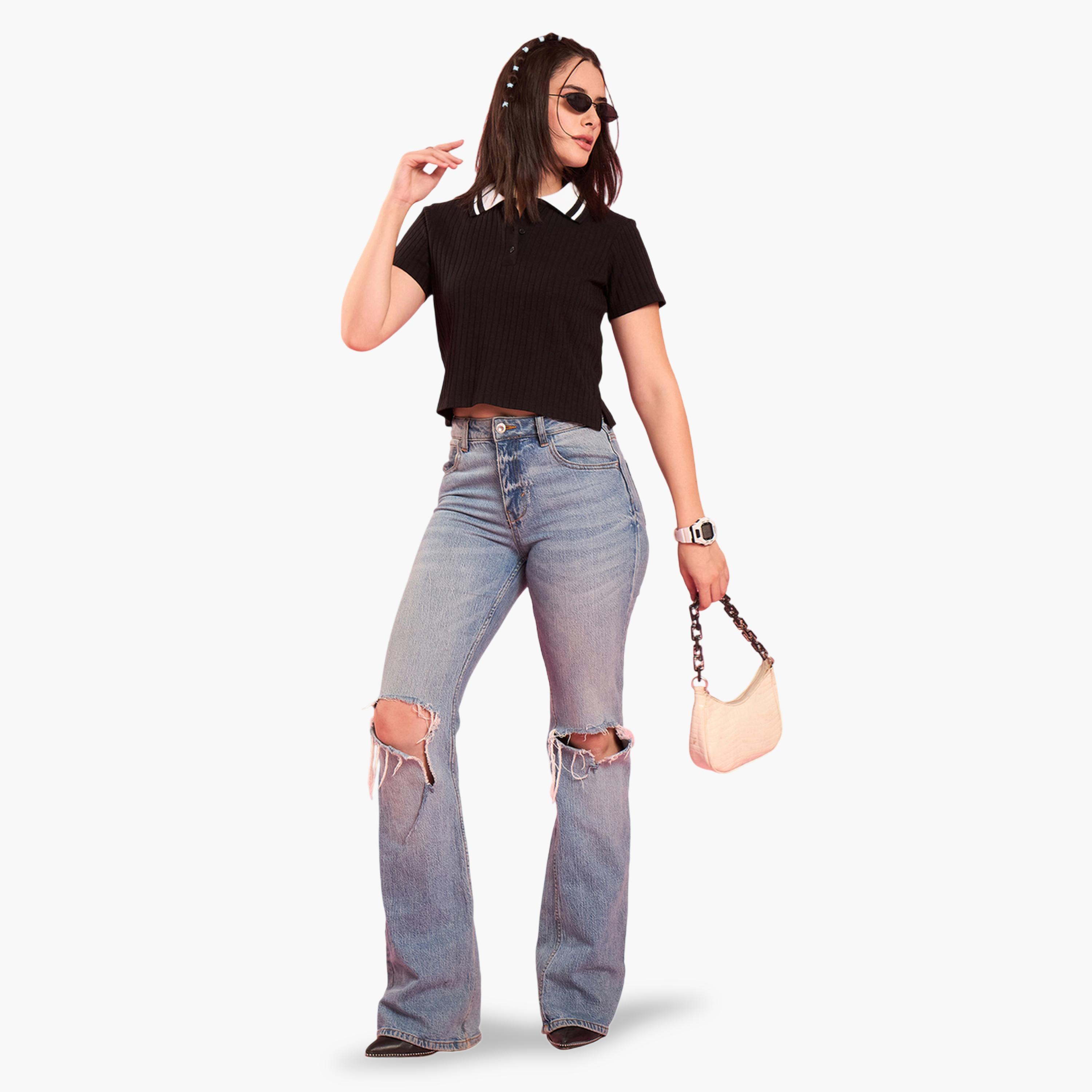 WineRed X Styli Black Ribbed Short Sleeve Polo T-Shirt-women-clothing-tshirts-image-2
