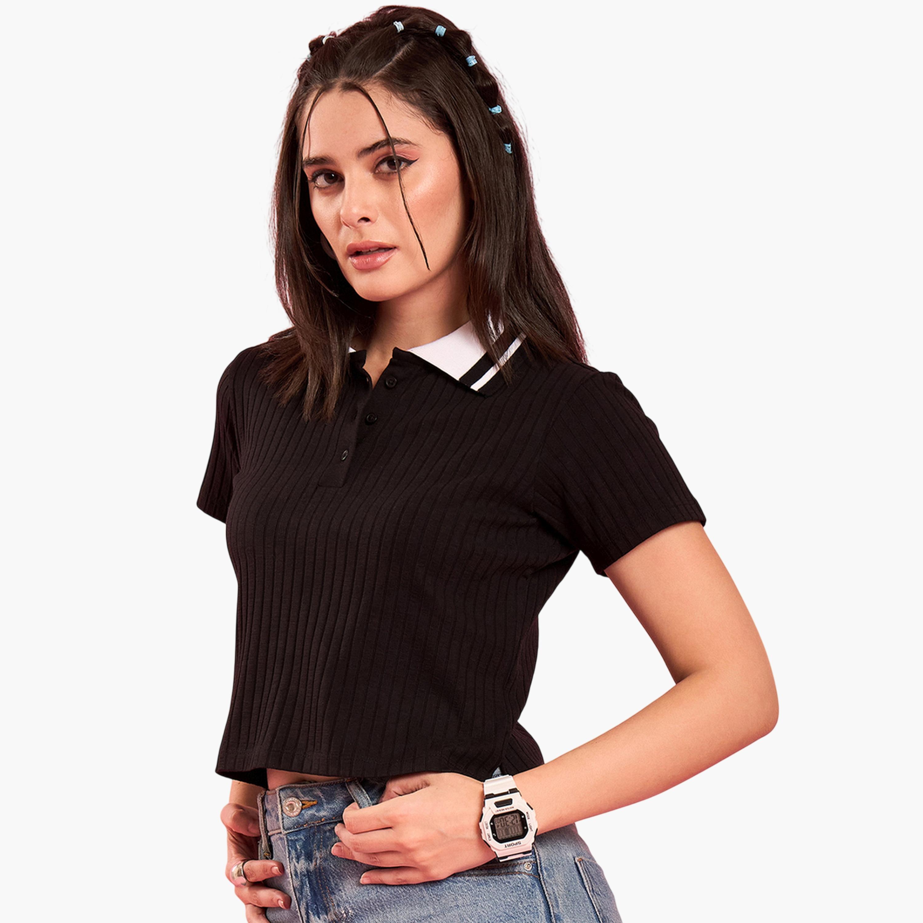 WineRed X Styli Black Ribbed Short Sleeve Polo T-Shirt-women-clothing-tshirts-image-3