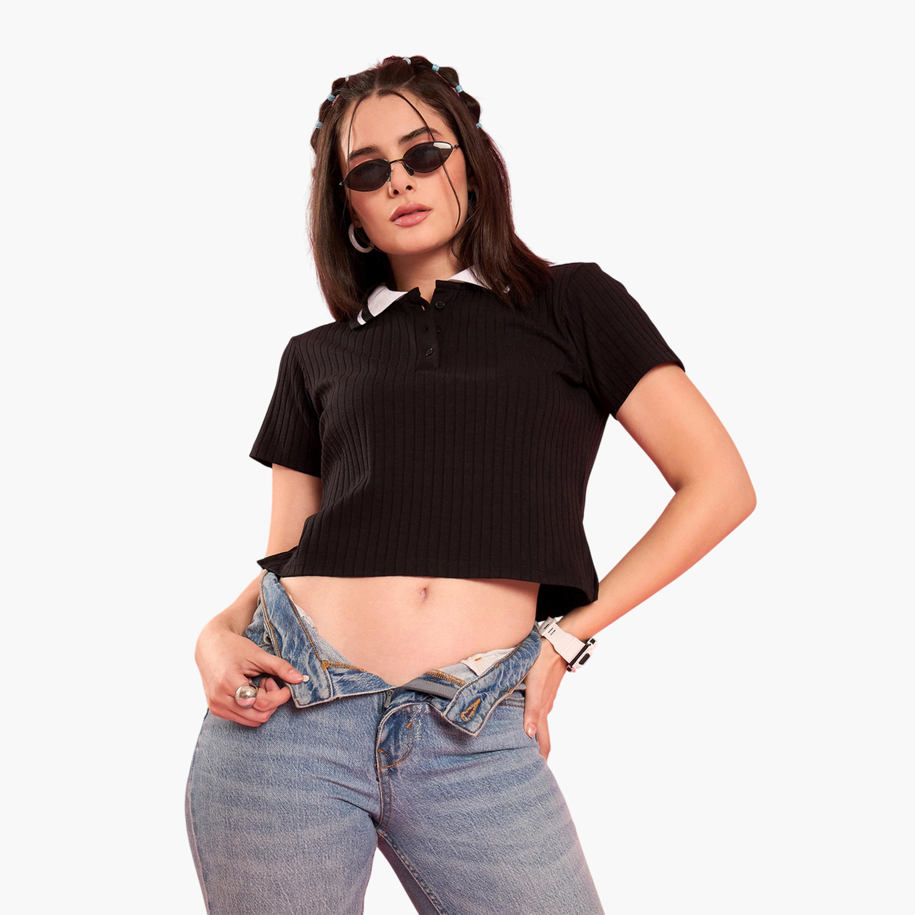 WineRed X Styli Black Ribbed Short Sleeve Polo T-Shirt-women-clothing-tshirts-image-4