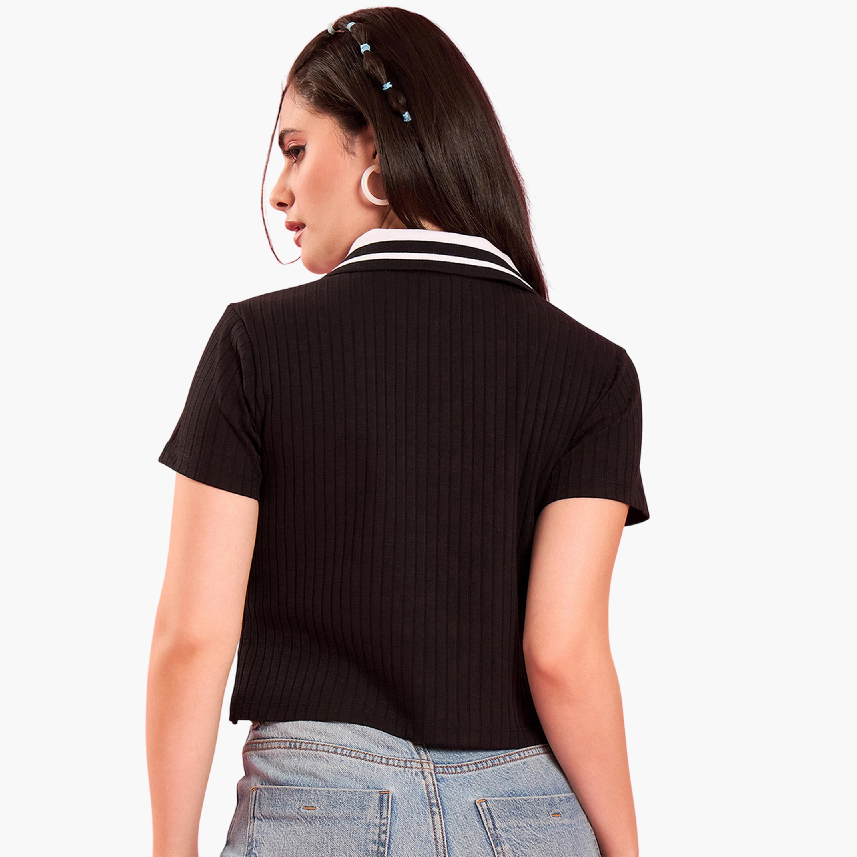 WineRed X Styli Black Ribbed Short Sleeve Polo T-Shirt-women-clothing-tshirts-image-5