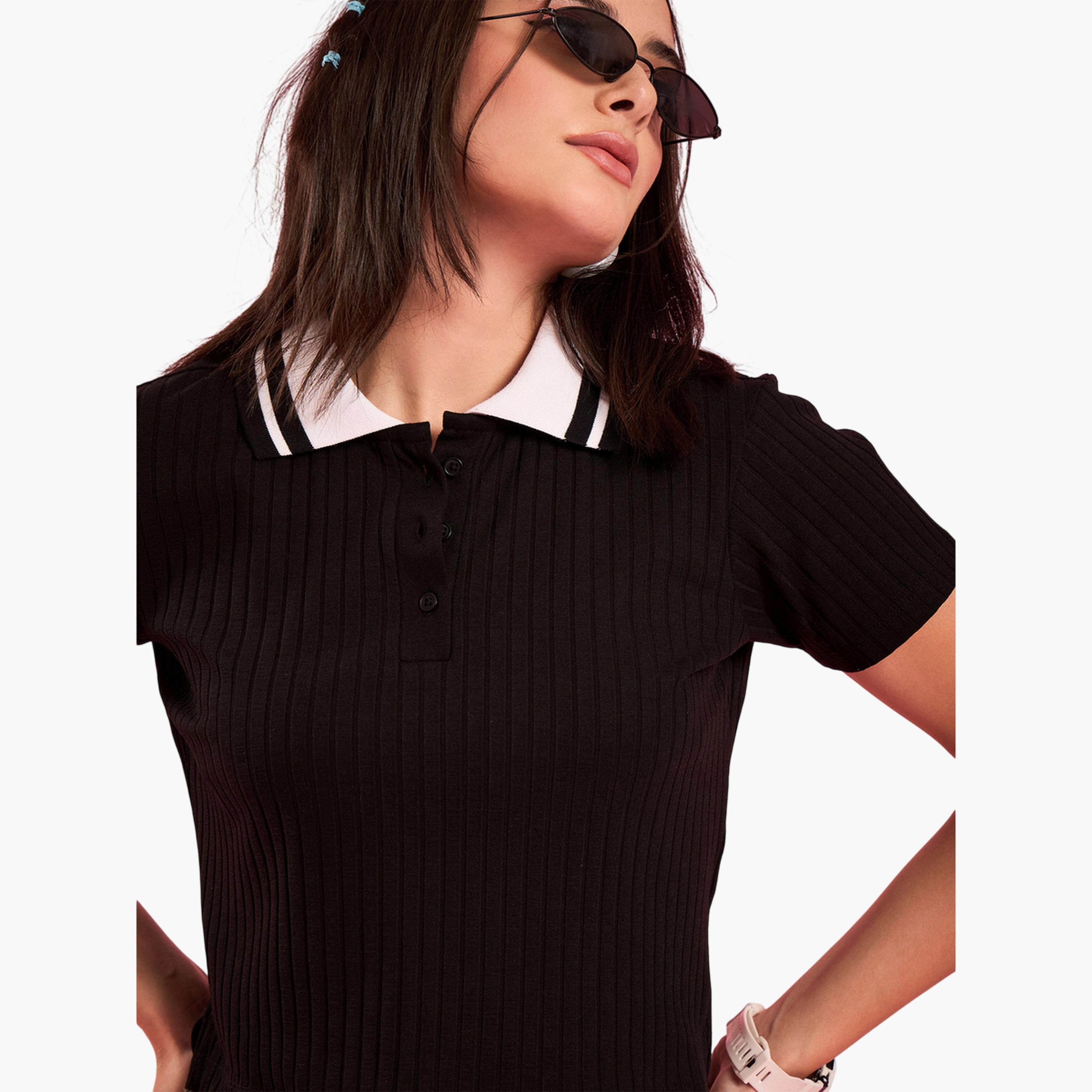 WineRed X Styli Black Ribbed Short Sleeve Polo T-Shirt-women-clothing-tshirts-image-6