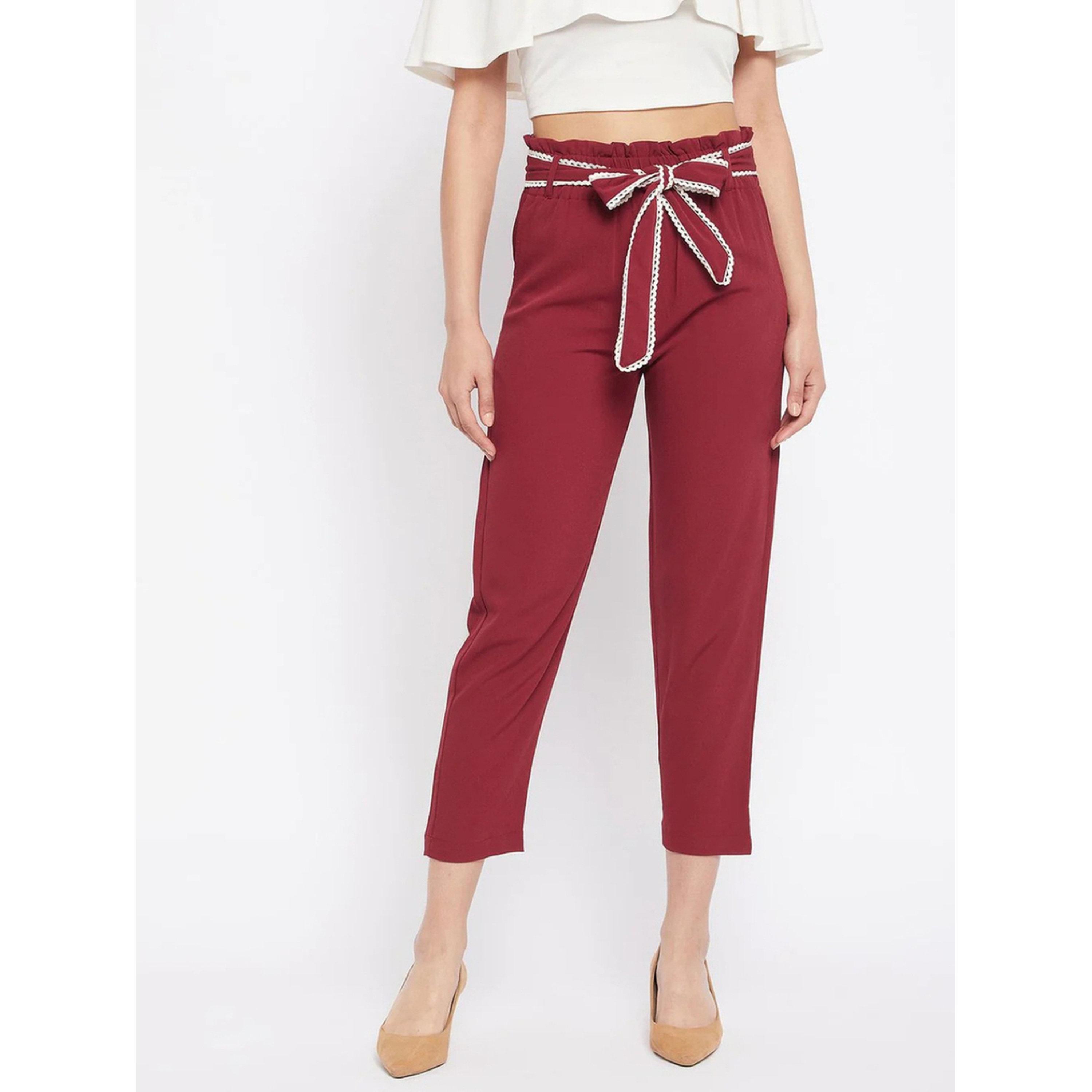 WineRed X Styli Burgundy High-Waist Trousers with Tie-Belt-women-clothing-joggers-image-1