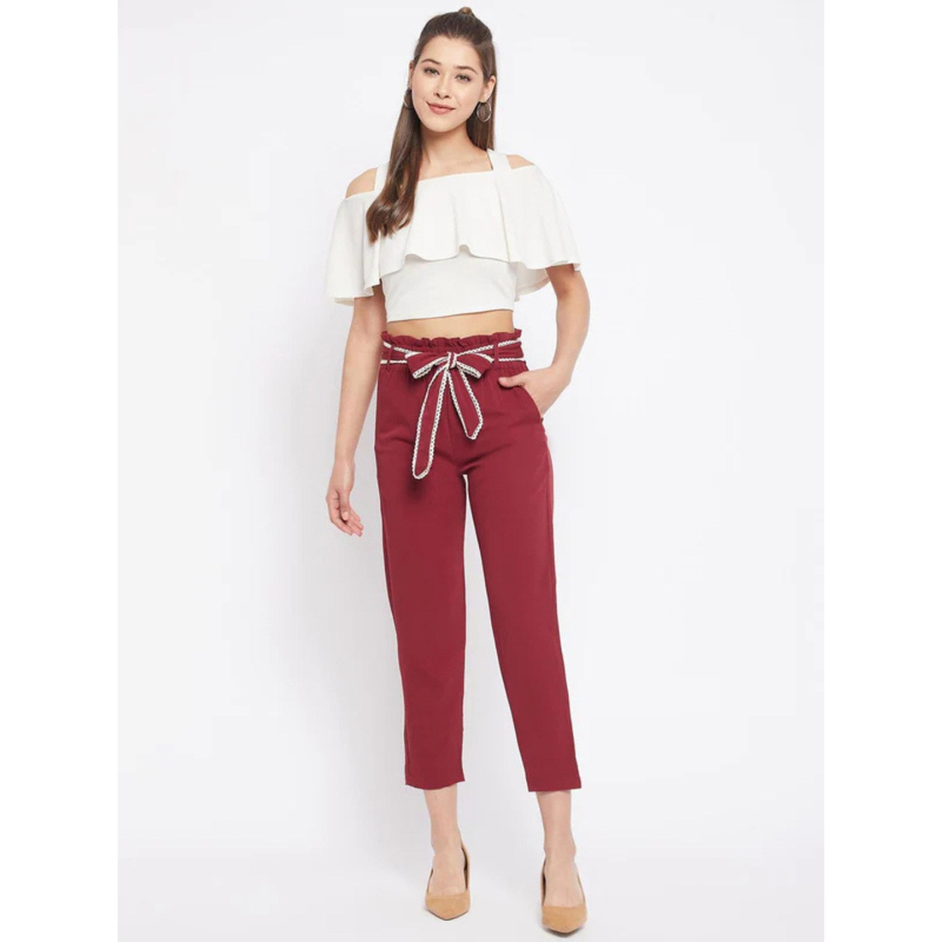 WineRed X Styli Burgundy High-Waist Trousers with Tie-Belt-women-clothing-joggers-image-2
