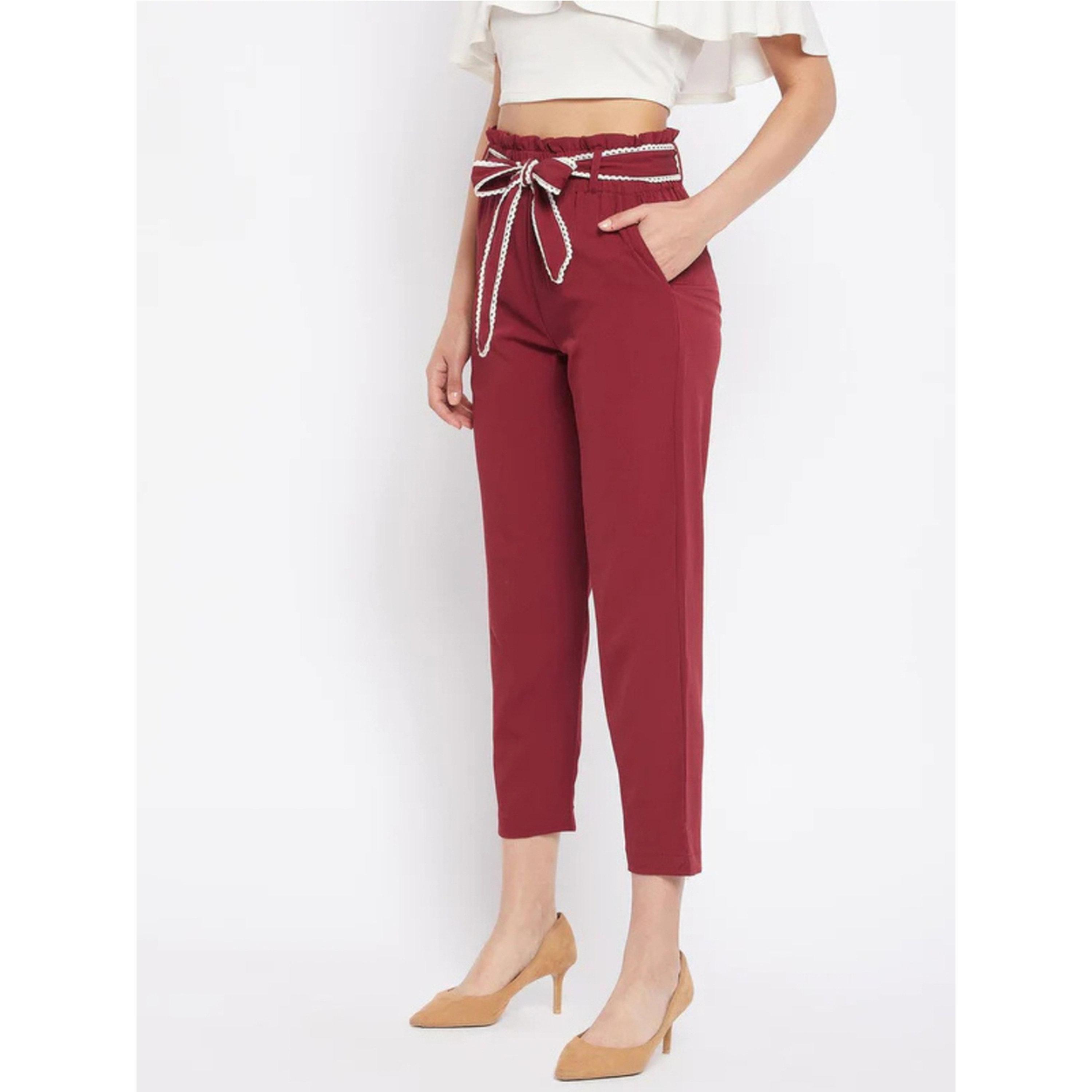 WineRed X Styli Burgundy High-Waist Trousers with Tie-Belt-women-clothing-joggers-image-3