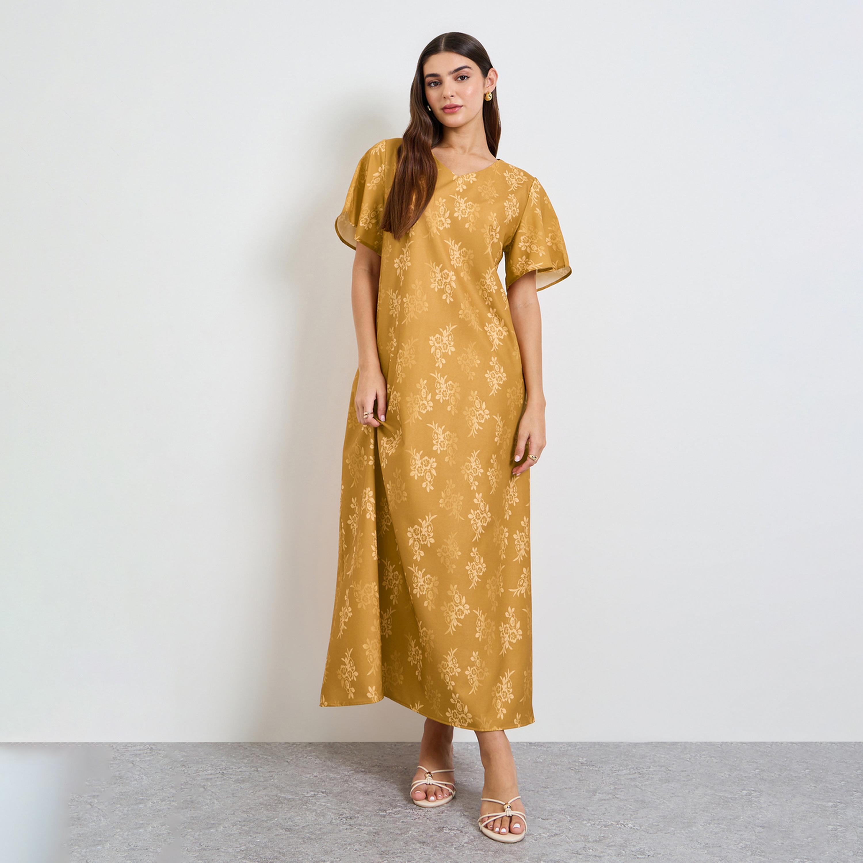 Take Two Mustard Floral A-Line Ankle-Length Maxi Jalabiya-women-arabicclothing-jalabiyas-image-1