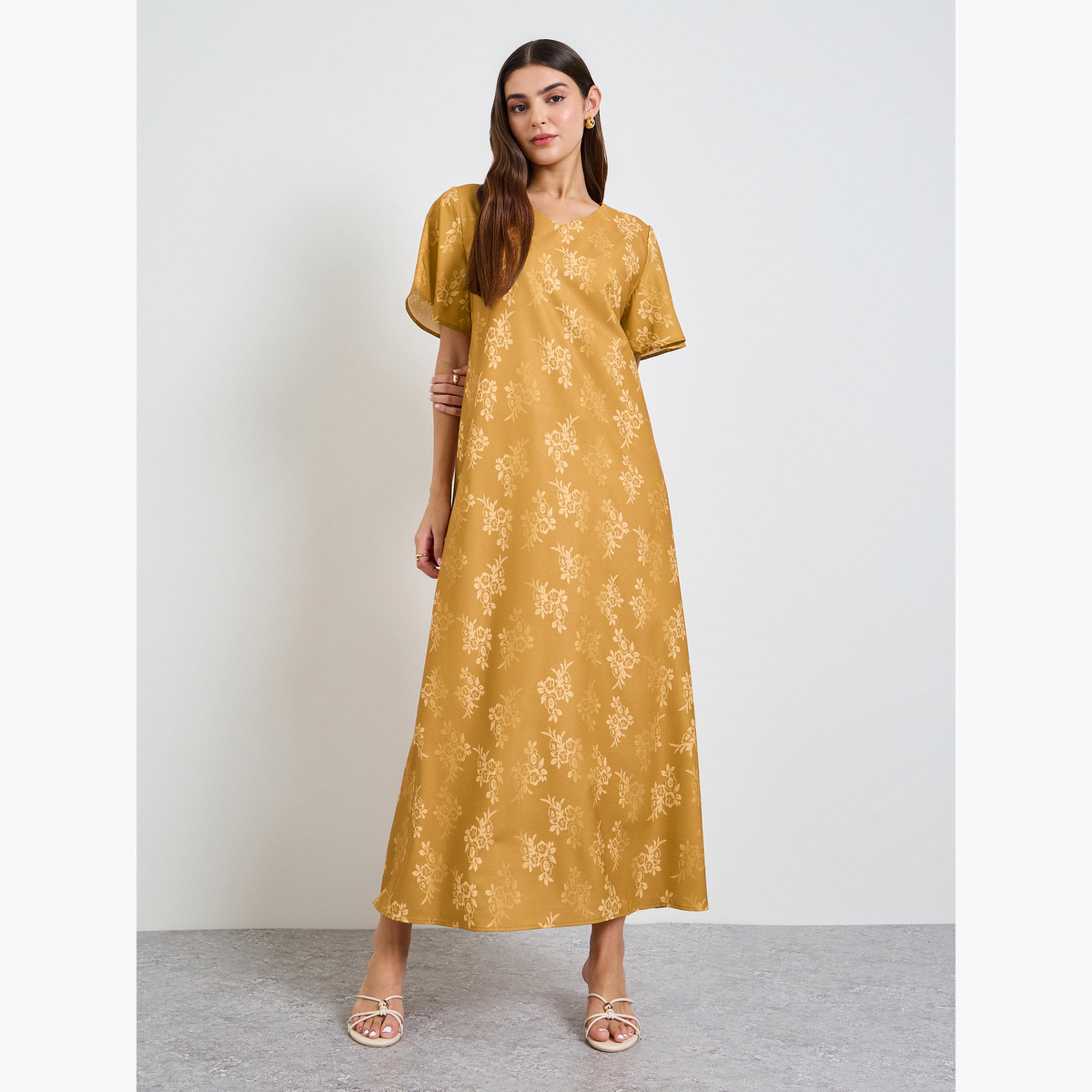 Take Two Mustard Floral A-Line Ankle-Length Maxi Jalabiya-women-arabicclothing-jalabiyas-image-2