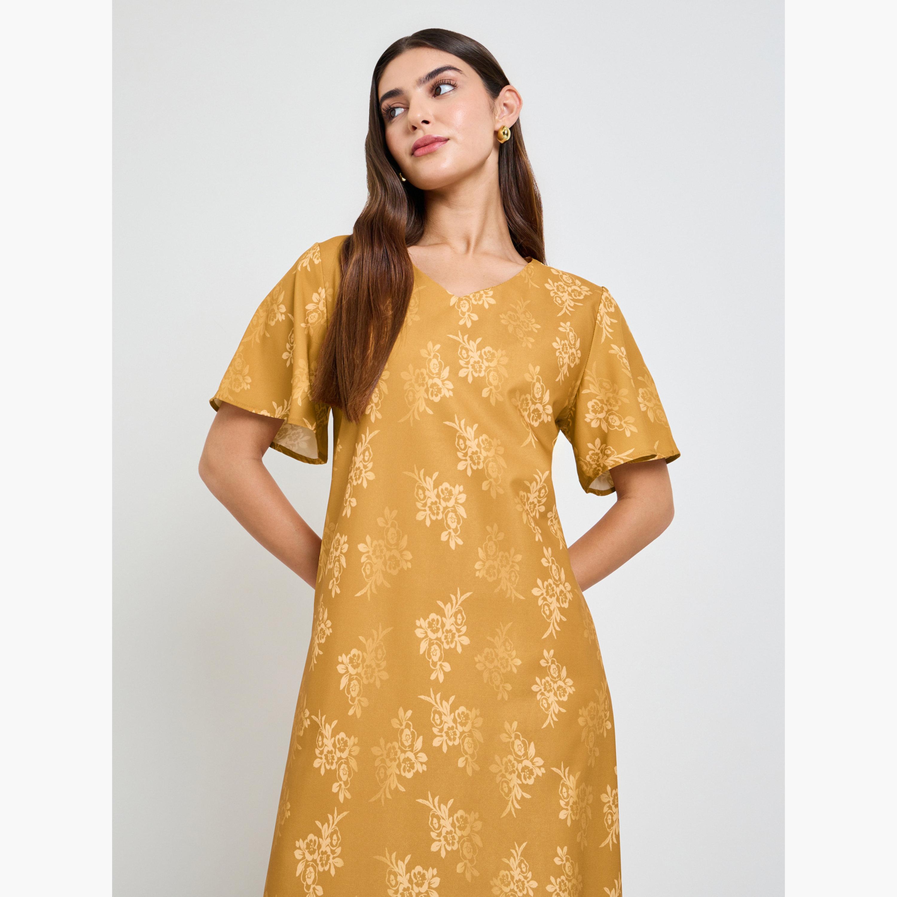 Take Two Mustard Floral A-Line Ankle-Length Maxi Jalabiya-women-arabicclothing-jalabiyas-image-3