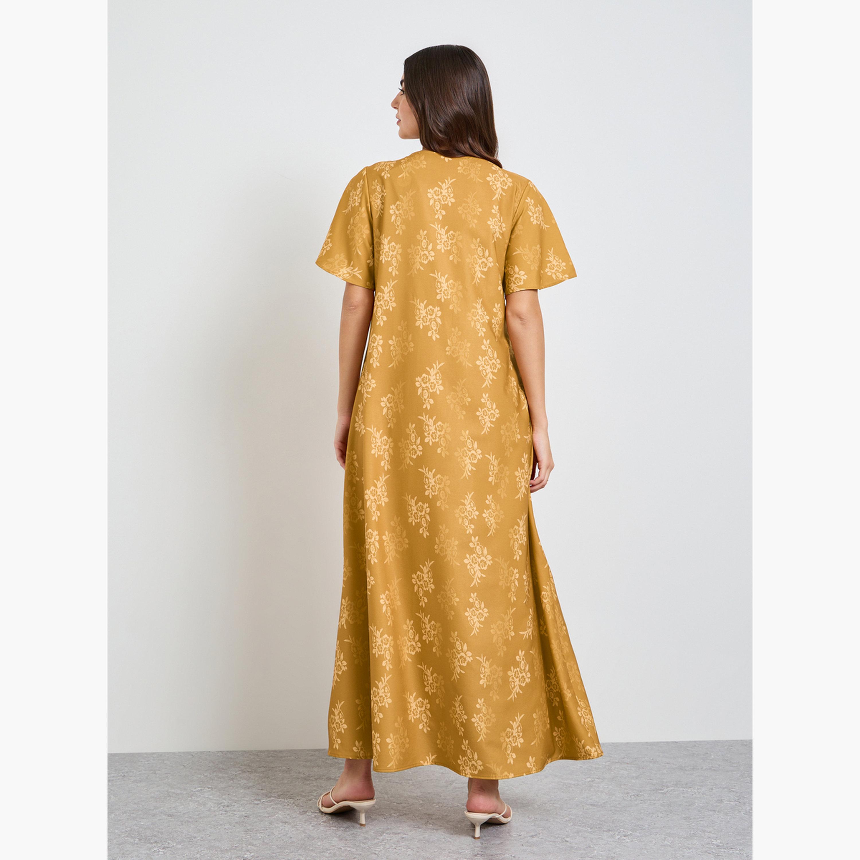 Take Two Mustard Floral A-Line Ankle-Length Maxi Jalabiya-women-arabicclothing-jalabiyas-image-4