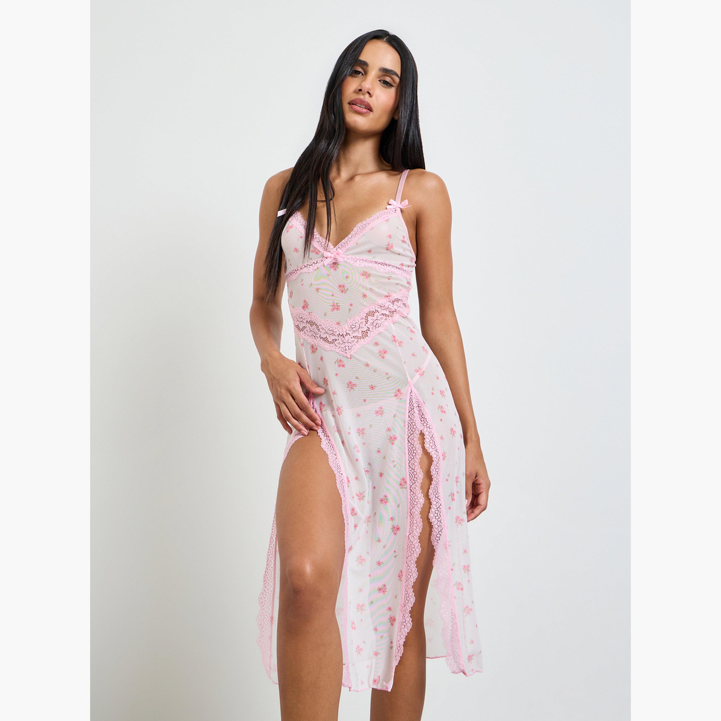 Take Two Multi-Color Floral Print Lace Trims Strappy Nightdress with Brief Set-women-clothing-nightwear-nighties-image-1