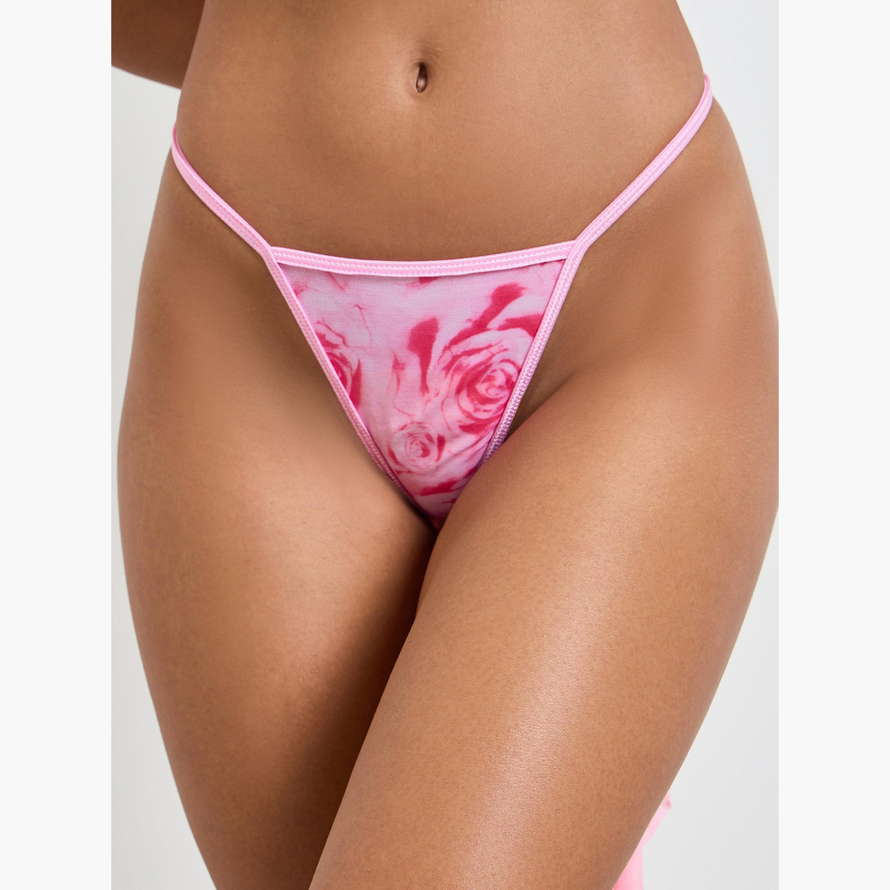 Take Two Pink Floral Print Ruffled Hem Side Slit Nightdress with Thong Brief Set-women-clothing-nightwear-nighties-image-5