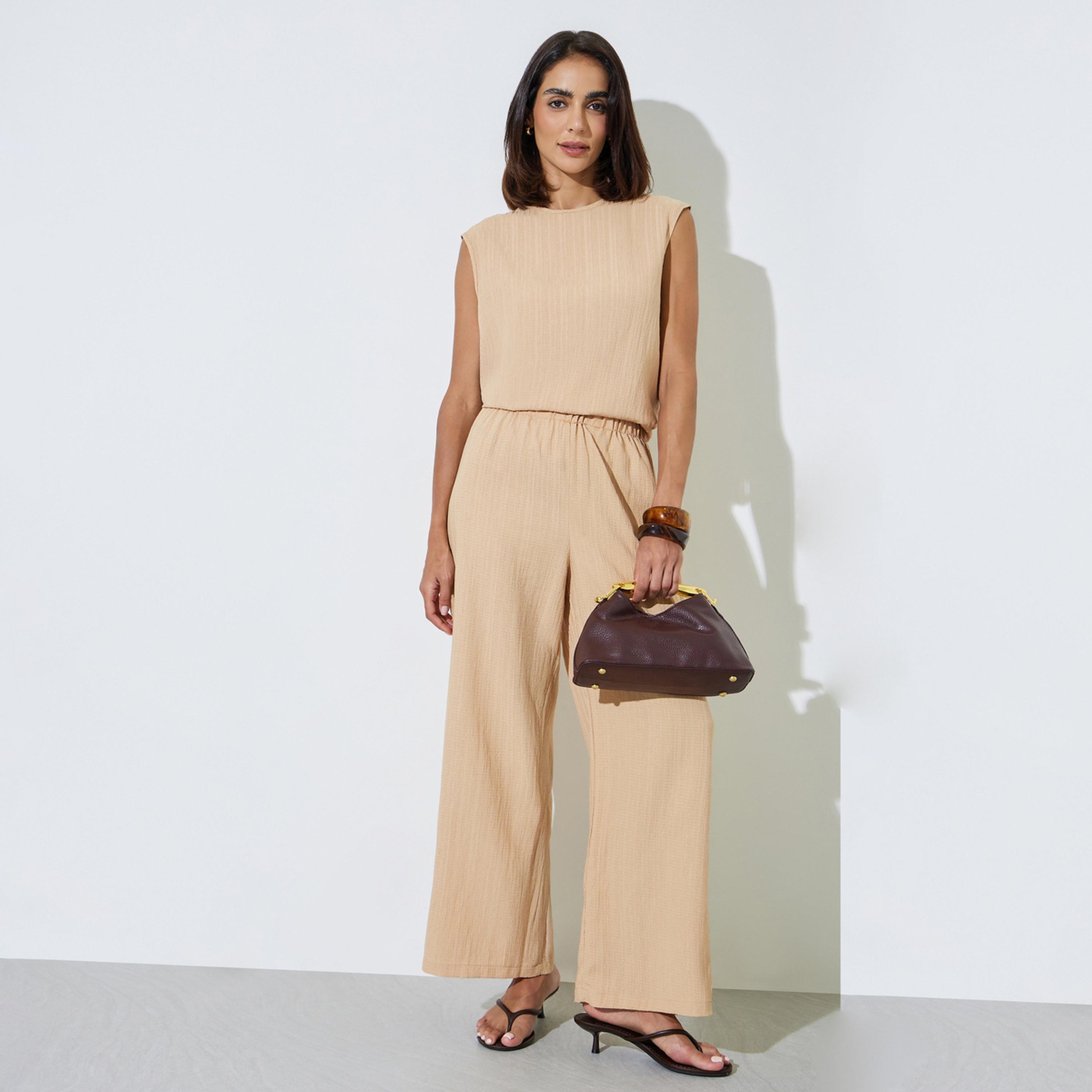Amirah X Styli Beige Textured Sleeveless Top and Pants Modest Set-women-arabicclothing-sets-image-1