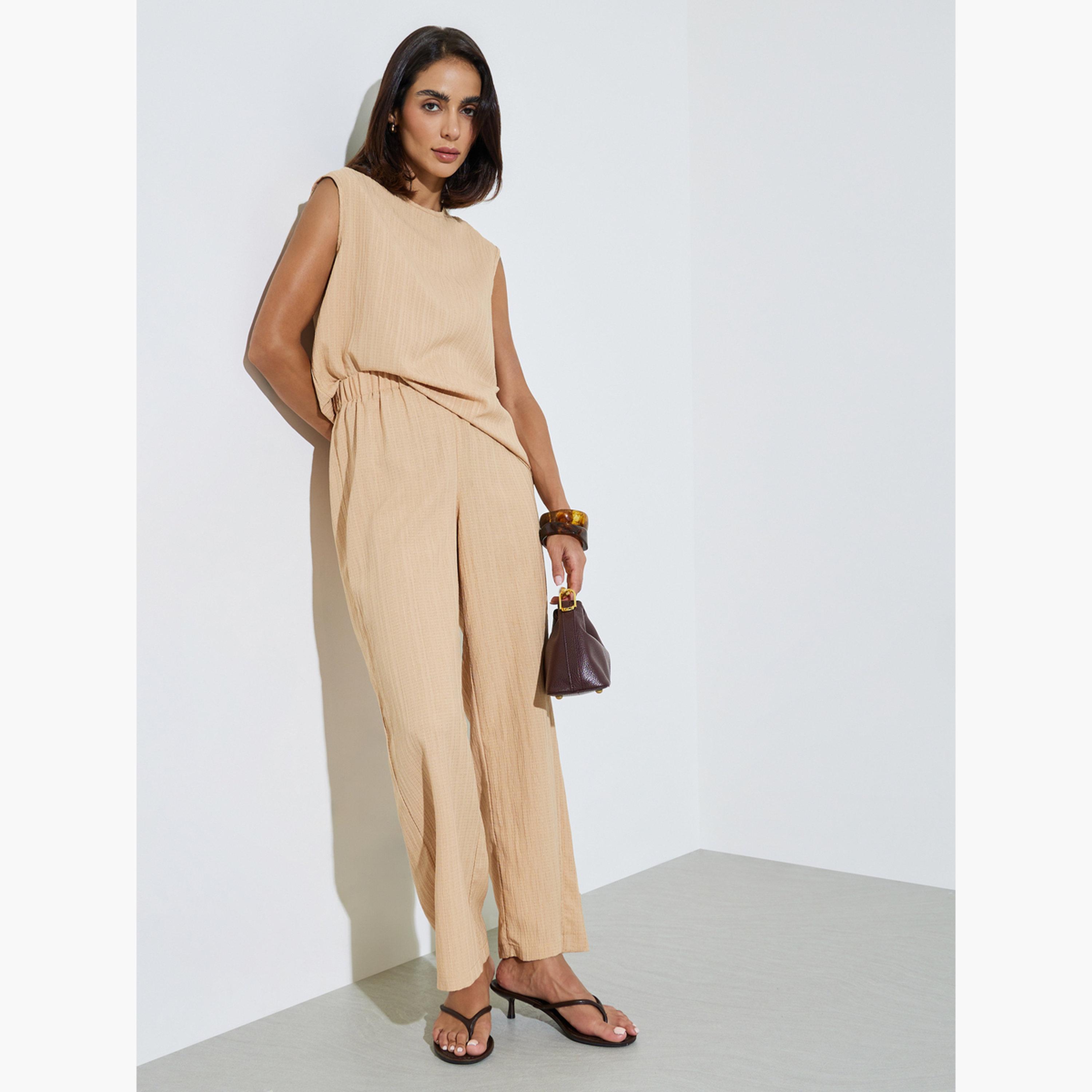 Amirah X Styli Beige Textured Sleeveless Top and Pants Modest Set-women-arabicclothing-sets-image-4