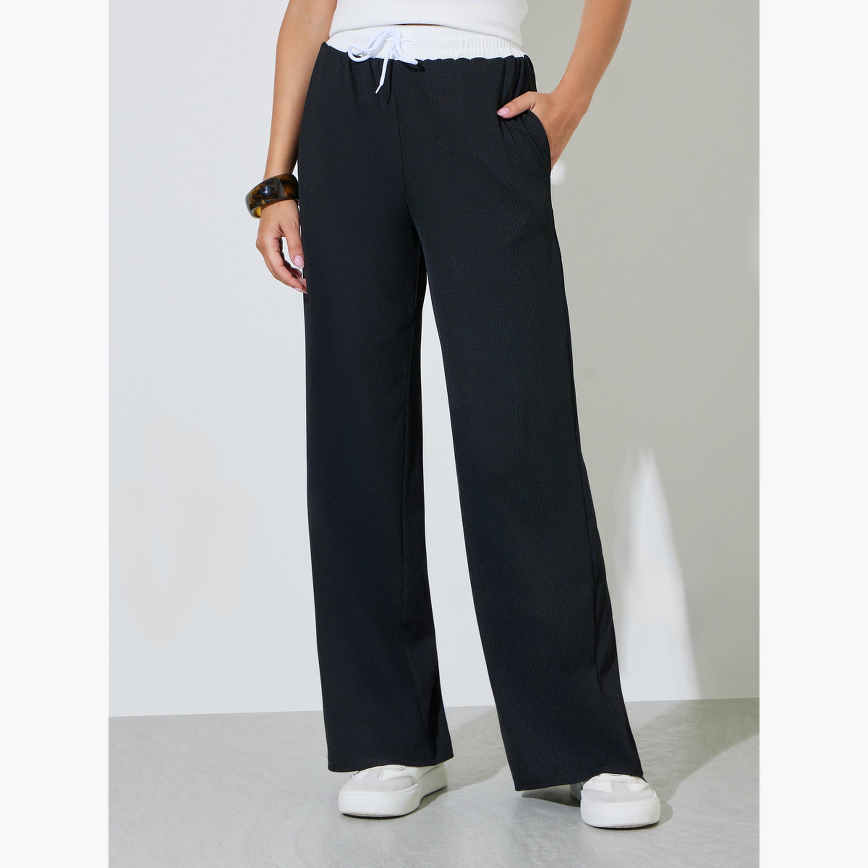 Styli Black Contrast Waistband Wide Leg Pants-women-clothing-trousers-image-1