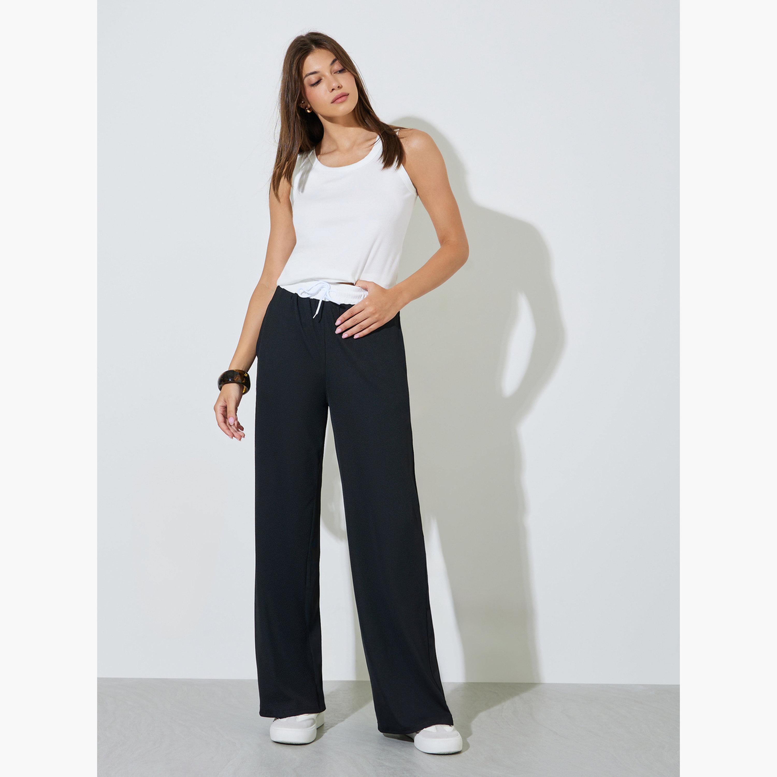 Styli Black Contrast Waistband Wide Leg Pants-women-clothing-trousers-image-2