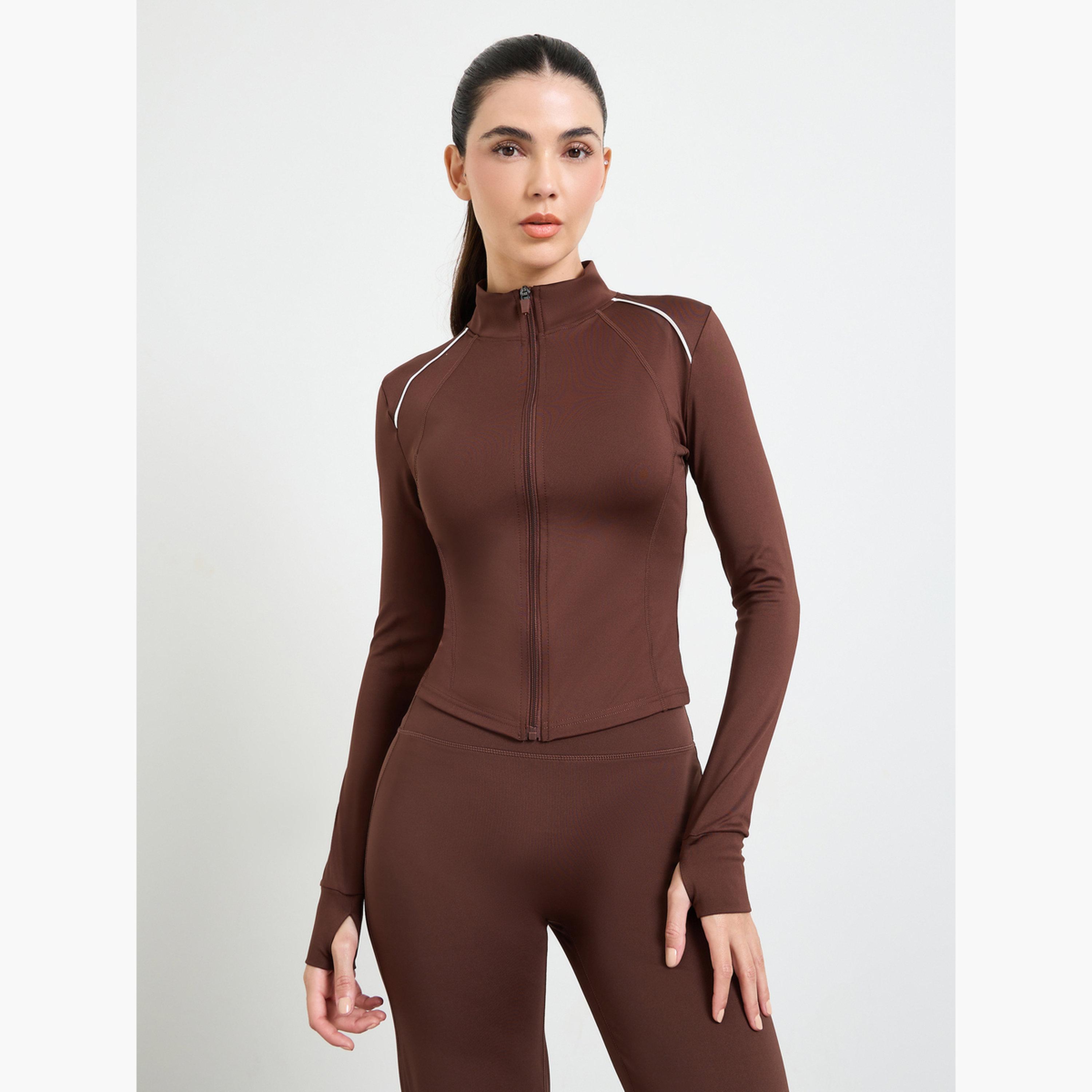 ستايلي - جاكيت بني بأكمام طويلة وسحاب أمامي مع فتحة للإبهام-sports-women-clothing-coatsandjackets-jackets-image-1