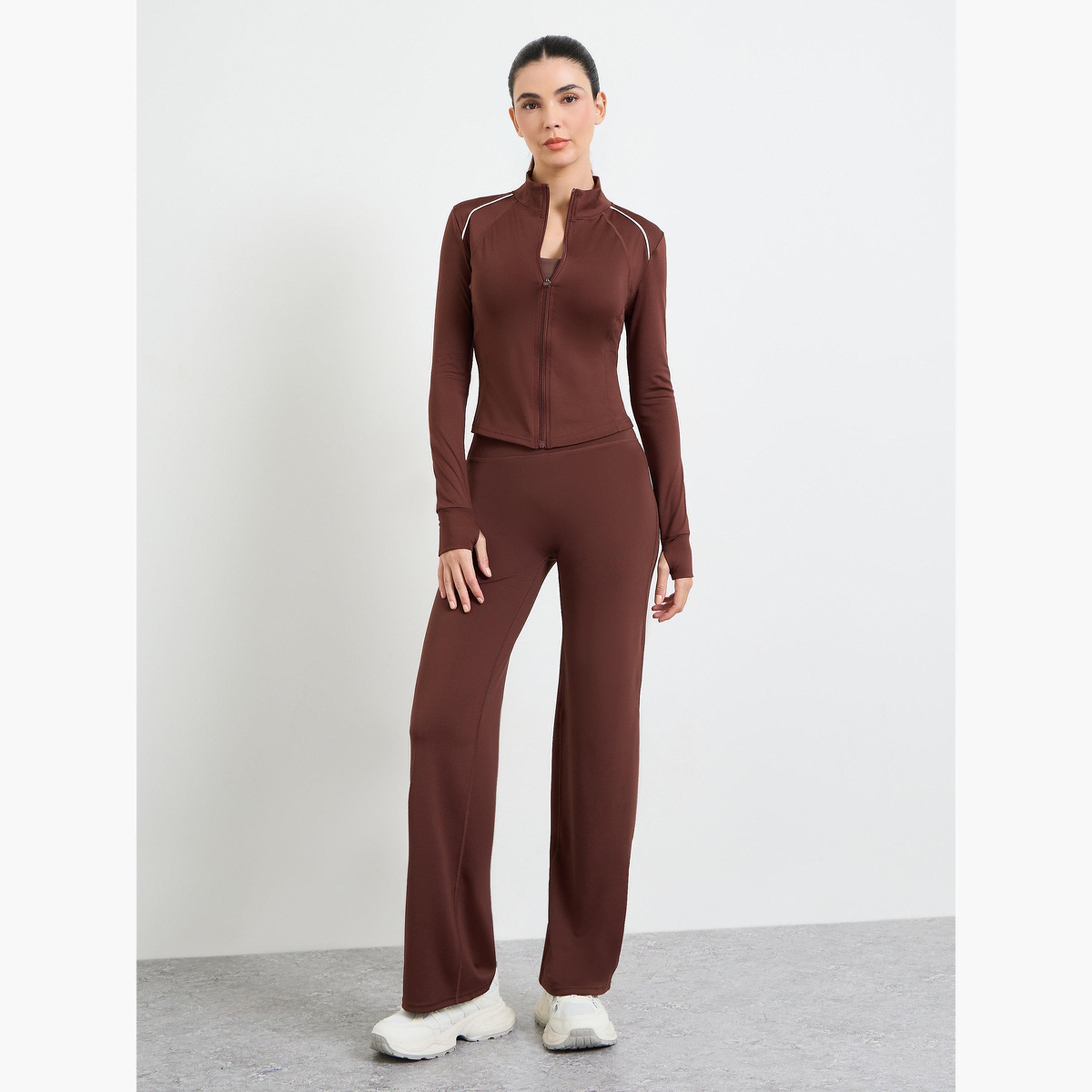 ستايلي - جاكيت بني بأكمام طويلة وسحاب أمامي مع فتحة للإبهام-sports-women-clothing-coatsandjackets-jackets-image-2