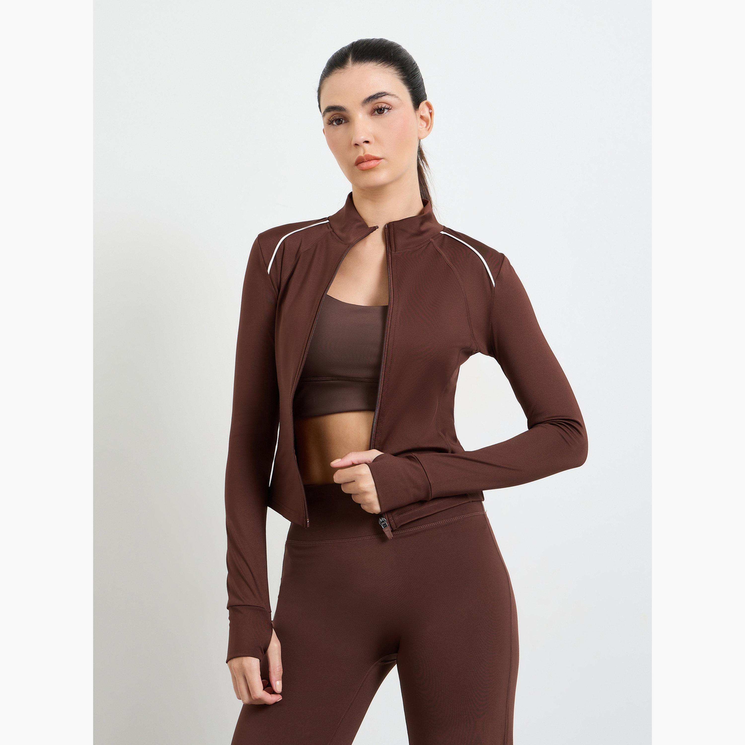 ستايلي - جاكيت بني بأكمام طويلة وسحاب أمامي مع فتحة للإبهام-sports-women-clothing-coatsandjackets-jackets-image-3