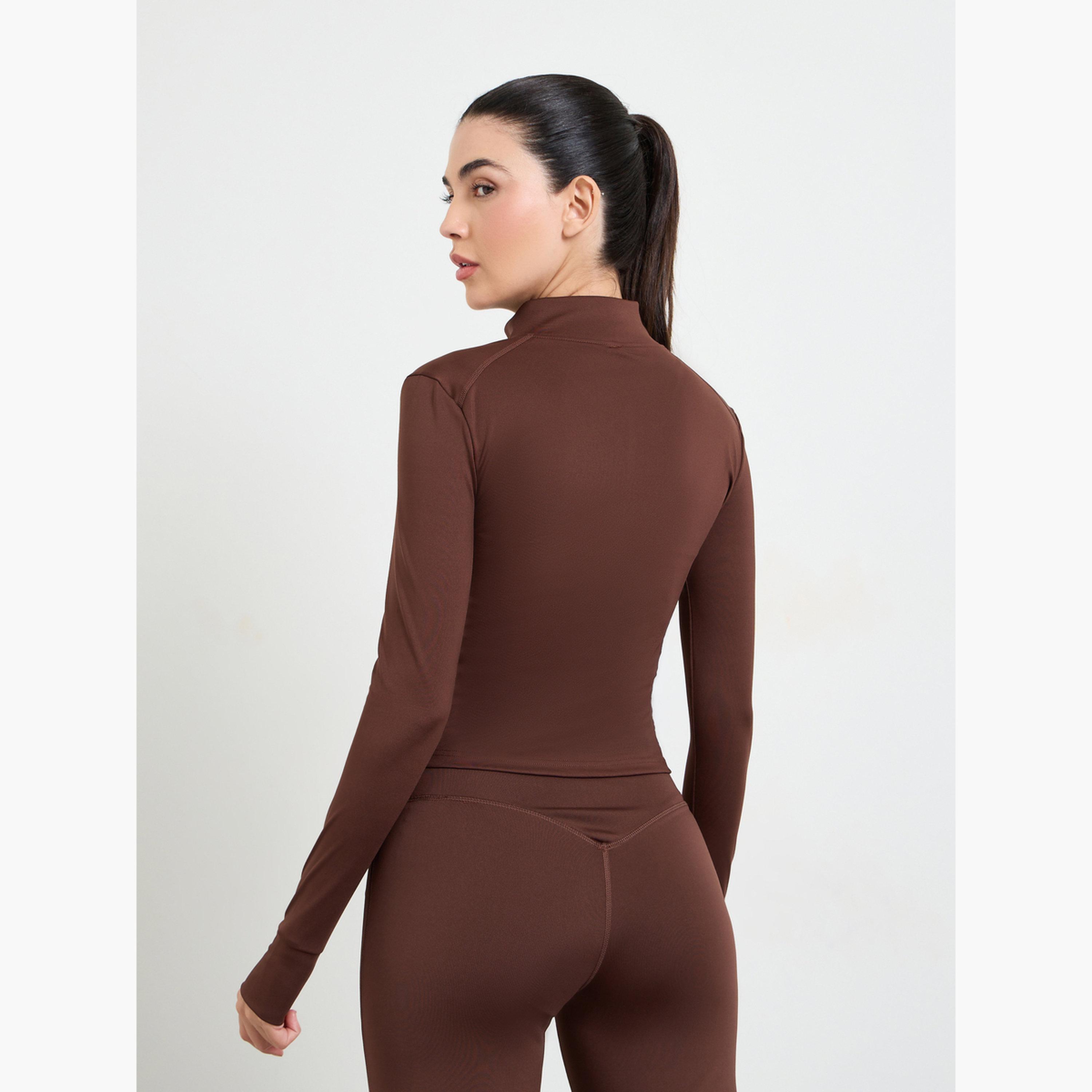 ستايلي - جاكيت بني بأكمام طويلة وسحاب أمامي مع فتحة للإبهام-sports-women-clothing-coatsandjackets-jackets-image-4