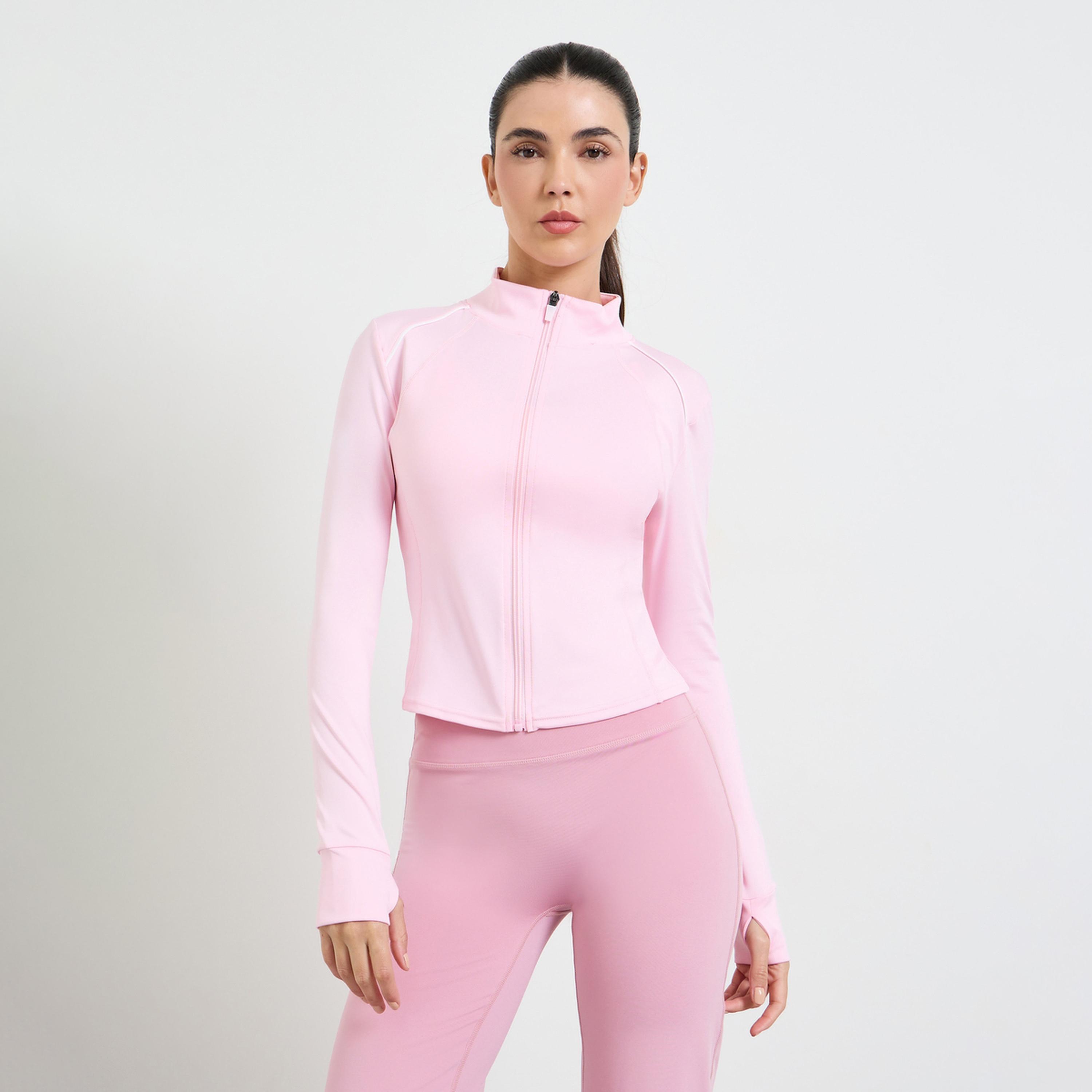 ستايلي - جاكيت وردي بأكمام طويلة وسحاب أمامي مع فتحة للإبهام-sports-women-clothing-coatsandjackets-jackets-image-1