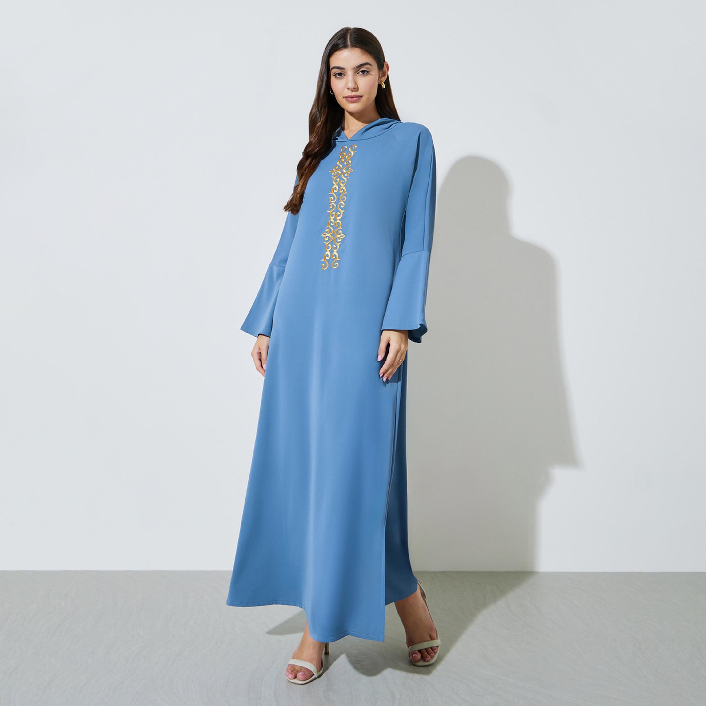 اميرة × ستايلي - جلابية بنية اللون مطرزة بغطاء رأس-women-arabicclothing-jalabiyas-image-1
