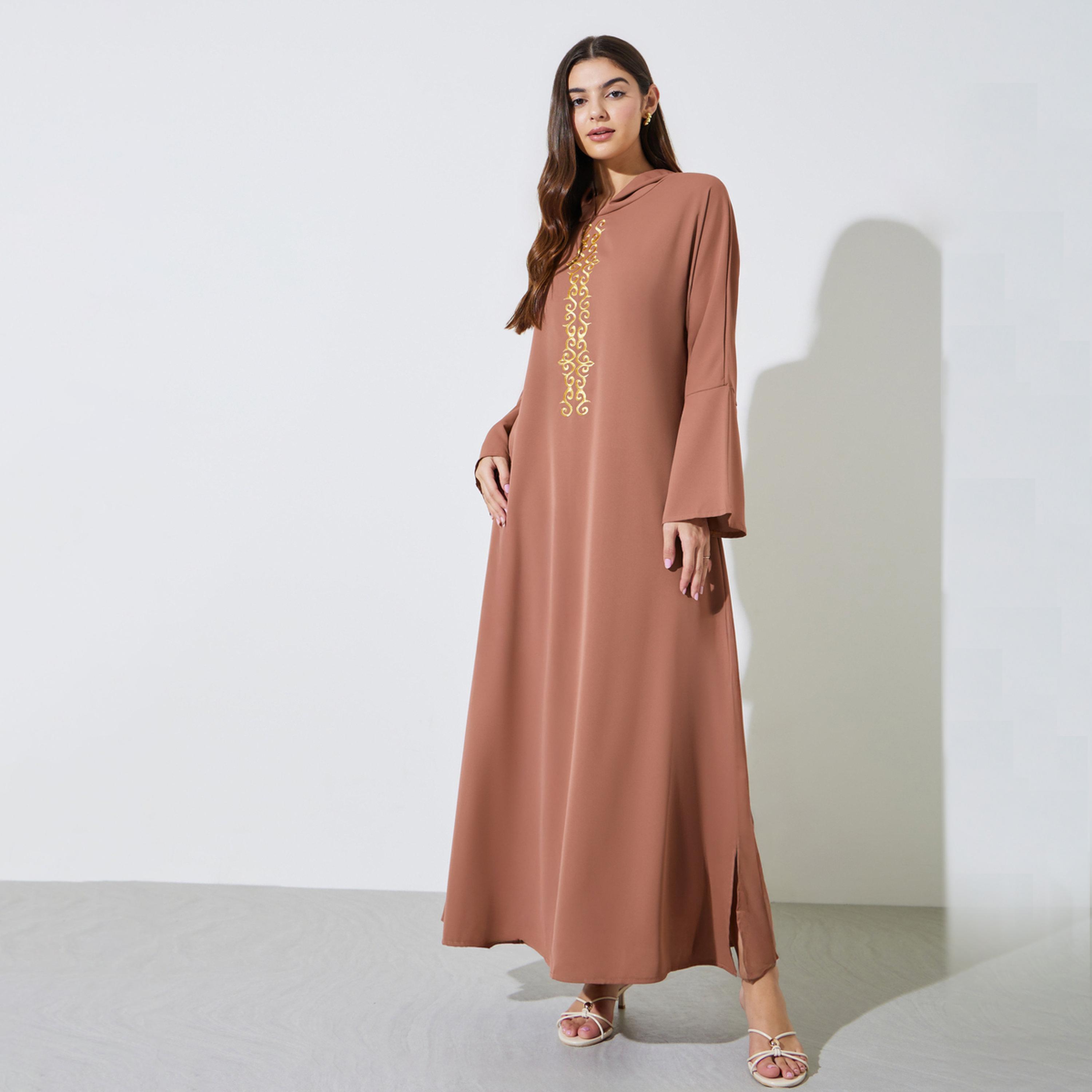 Amirah X Styli Blue Embroidered Panel Hooded Jalabiya-women-arabicclothing-jalabiyas-image-1